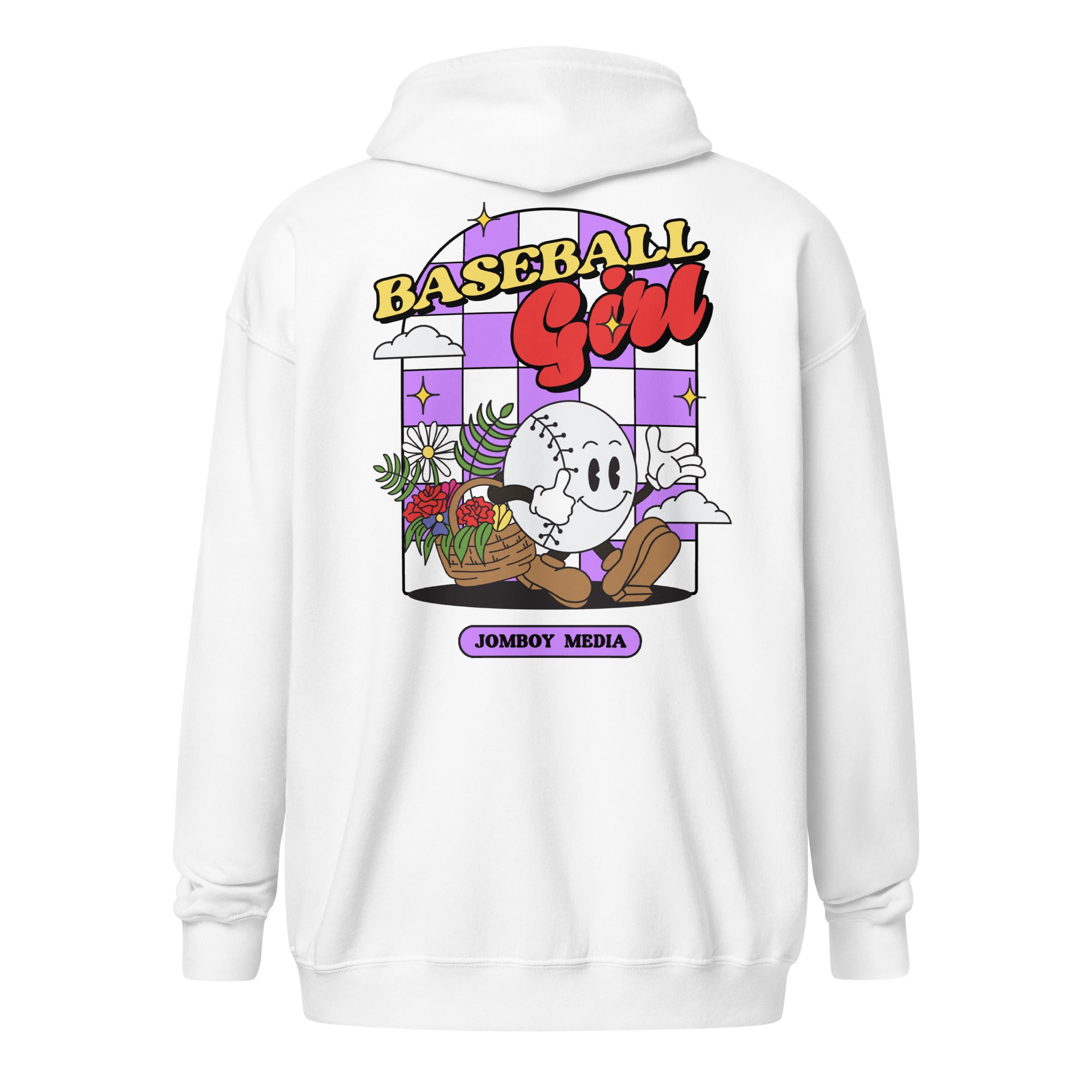White zip-up hoodie featuring a colorful cartoon baseball girl graphic, with "BASEBALL GIRL" text and "JOMBOY MEDIA" label.