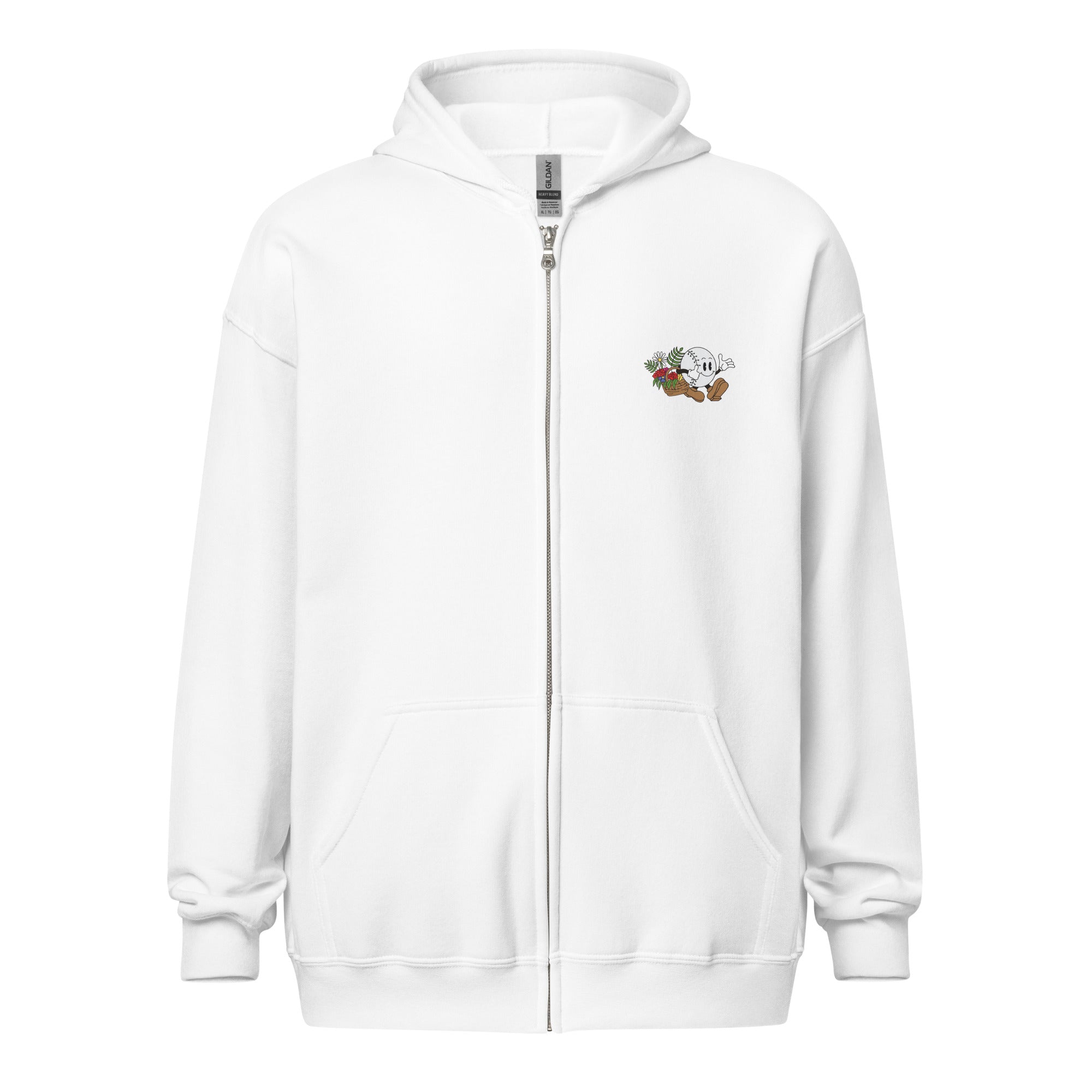 White zip-up hoodie featuring a small embroidered baseball girl character with a baseball glove and flowers on the chest.