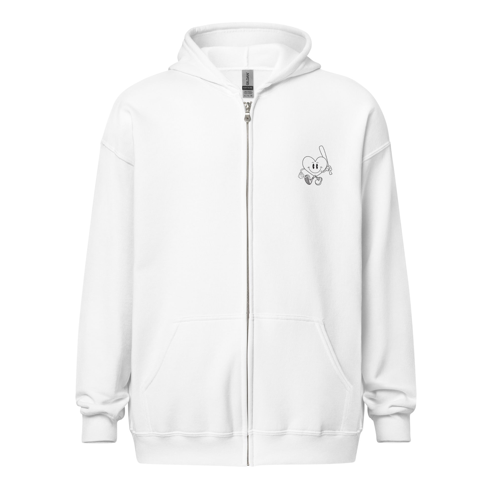 White zip-up hoodie with a small cartoon heart character holding a fishing rod on the chest, featuring the text "I'M NOT DOING THAT.