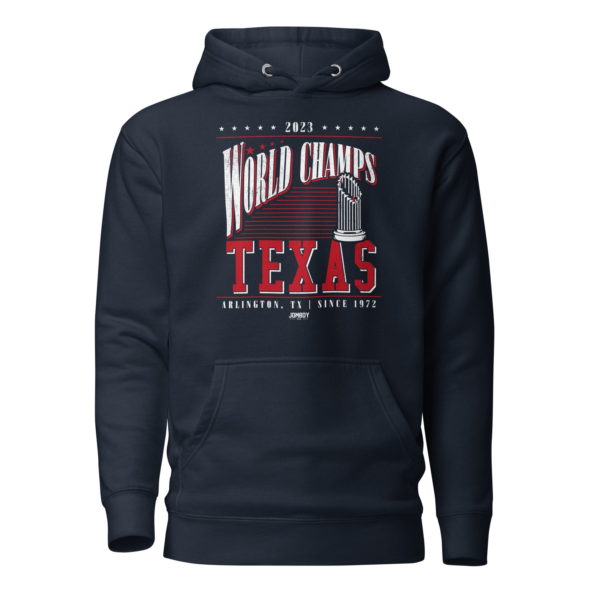 Navy hoodie featuring "World Champs Texas" text, a trophy graphic, and details about Arlington, TX, and 1972.