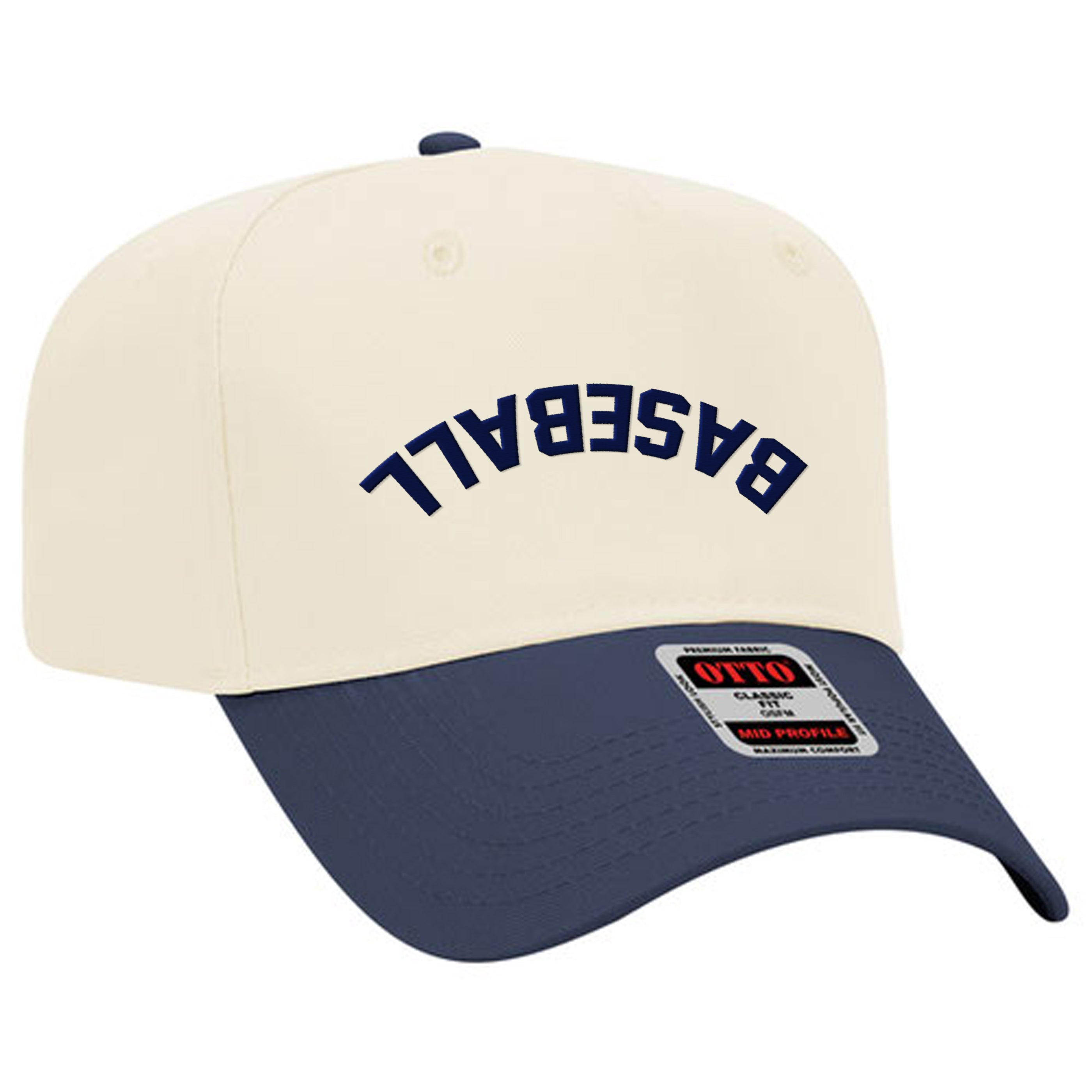 Cream-colored baseball cap with a navy blue brim and "BASEBALL" embroidered upside down on the front.