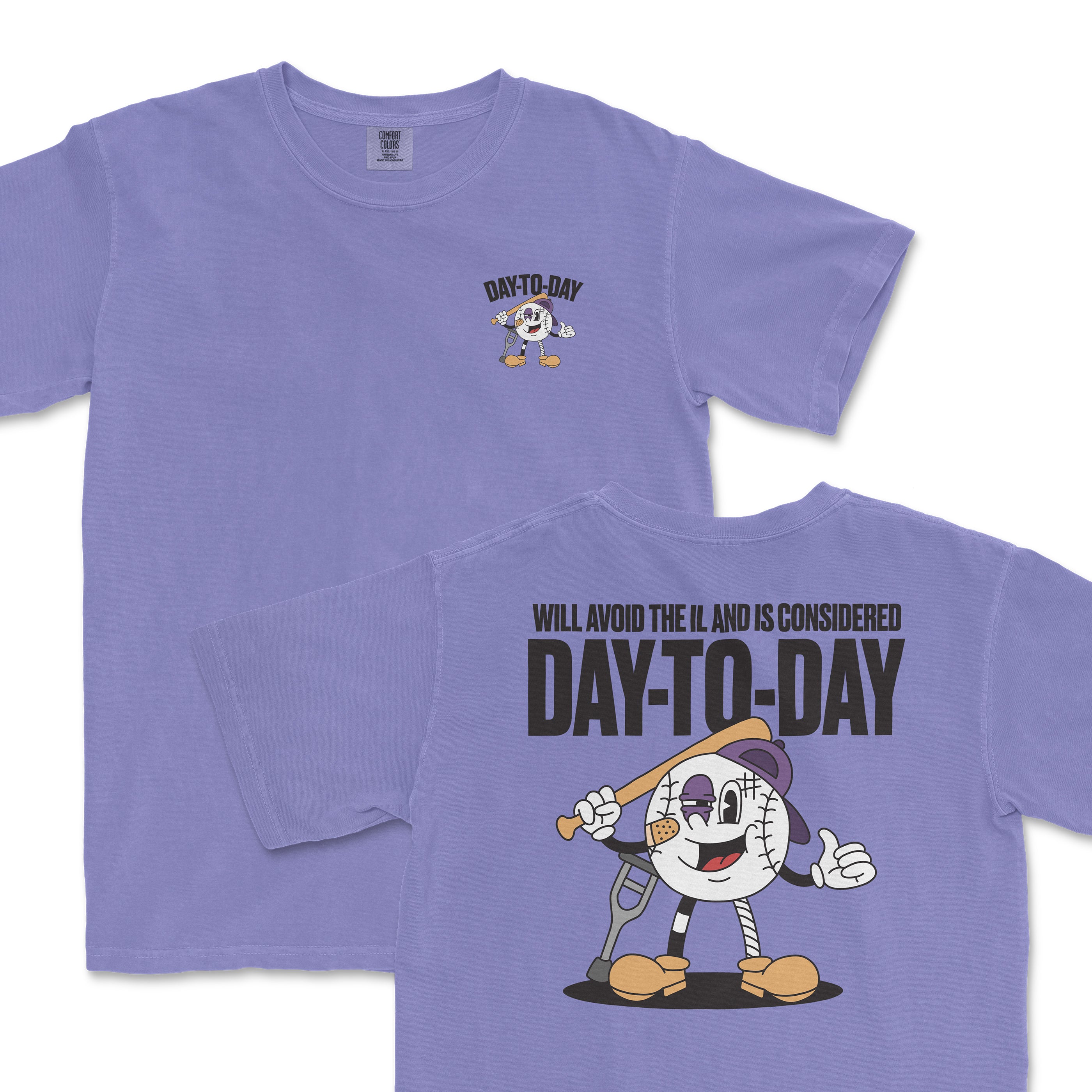 Purple t-shirt featuring a cartoon character with a baseball bat and the text "DAY-TO-DAY" on the front and back.