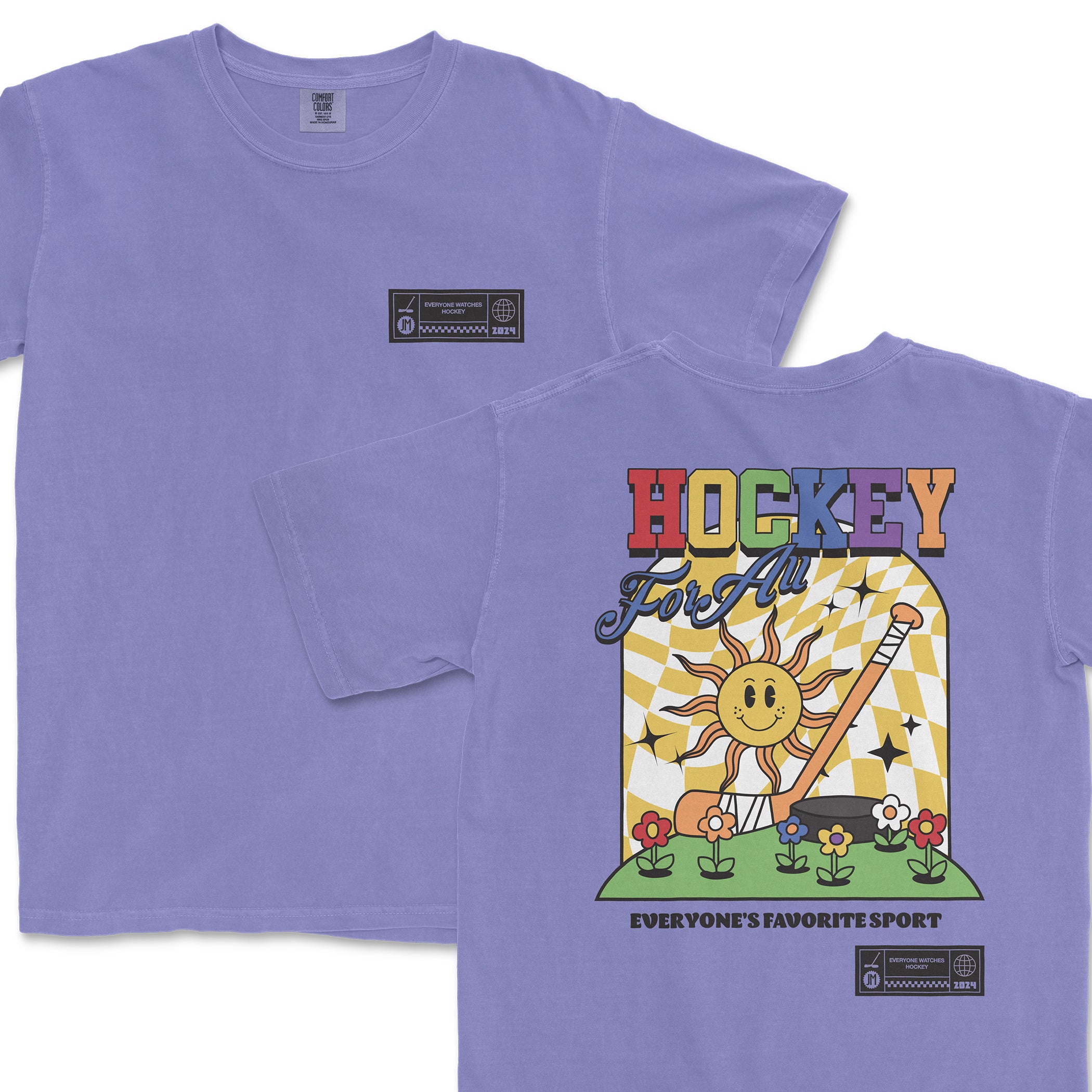 Lavender Comfort Colors T-shirt featuring colorful "Hockey For All" graphic with a smiling sun, flowers, and hockey stick design.