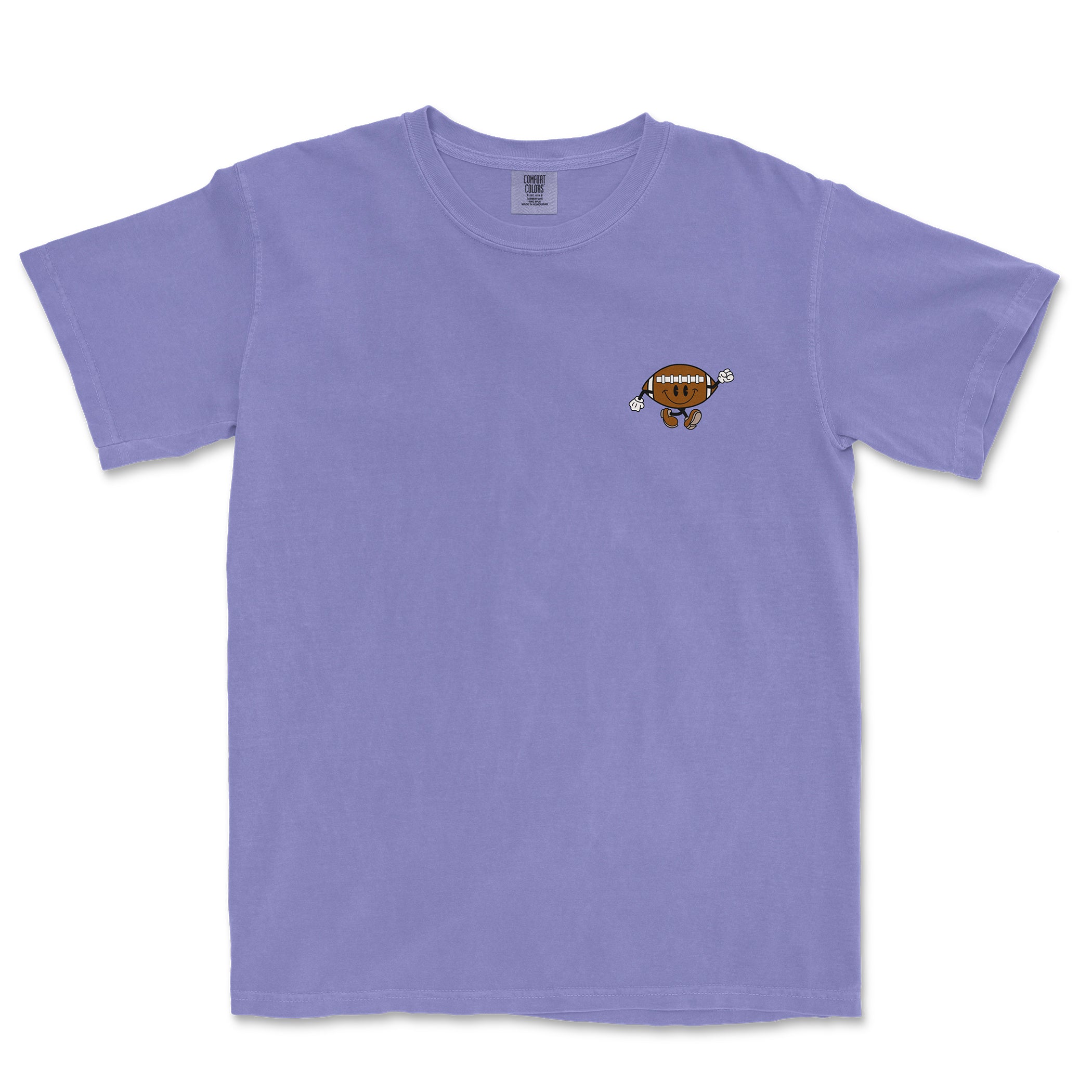 Comfort Colors lavender T-shirt featuring a small cartoon football girl mascot with a smiling face and pom-pom details.