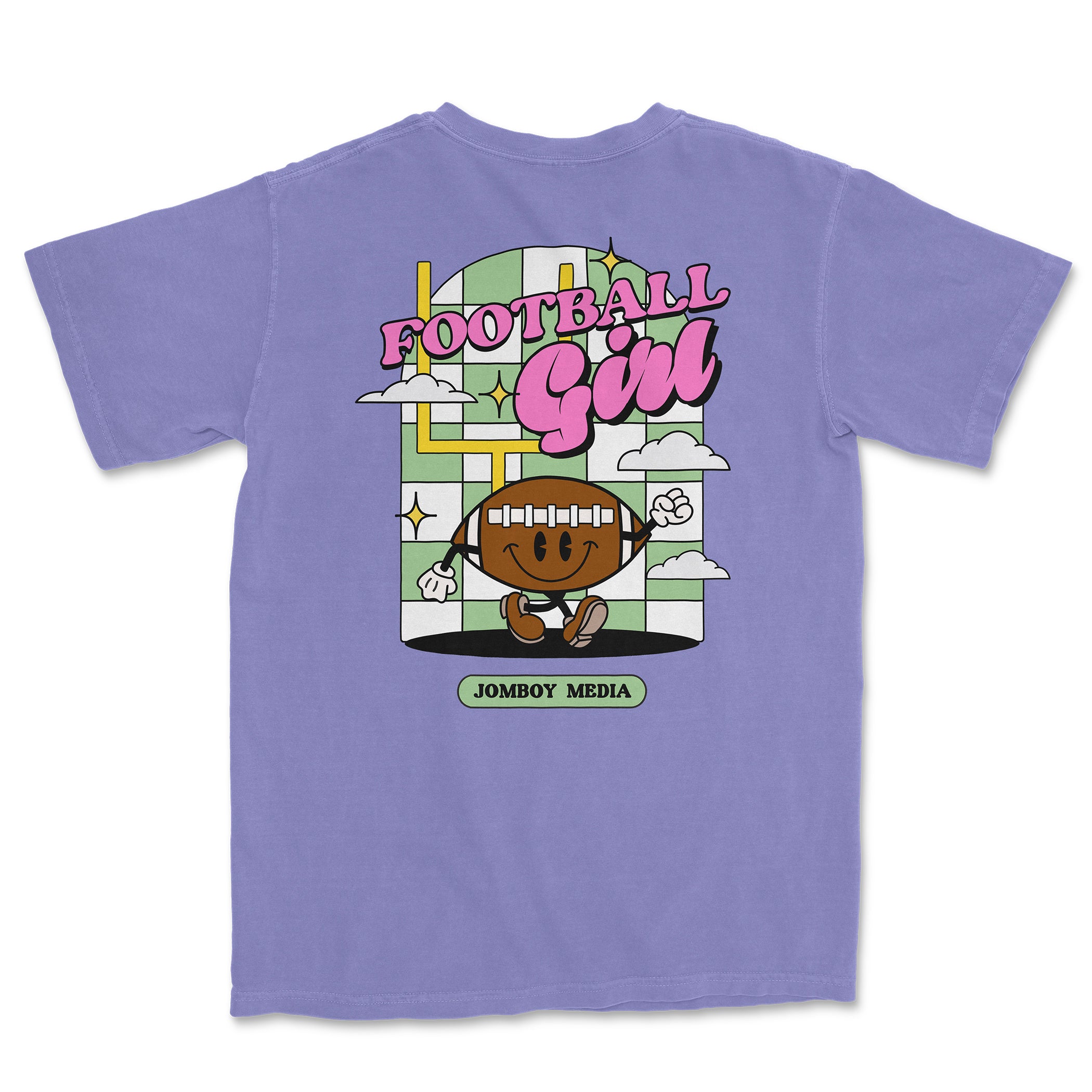 Comfort Colors tee featuring a colorful cartoon football girl graphic, "Football Girl" text, clouds, and "JomBoy Media" label.
