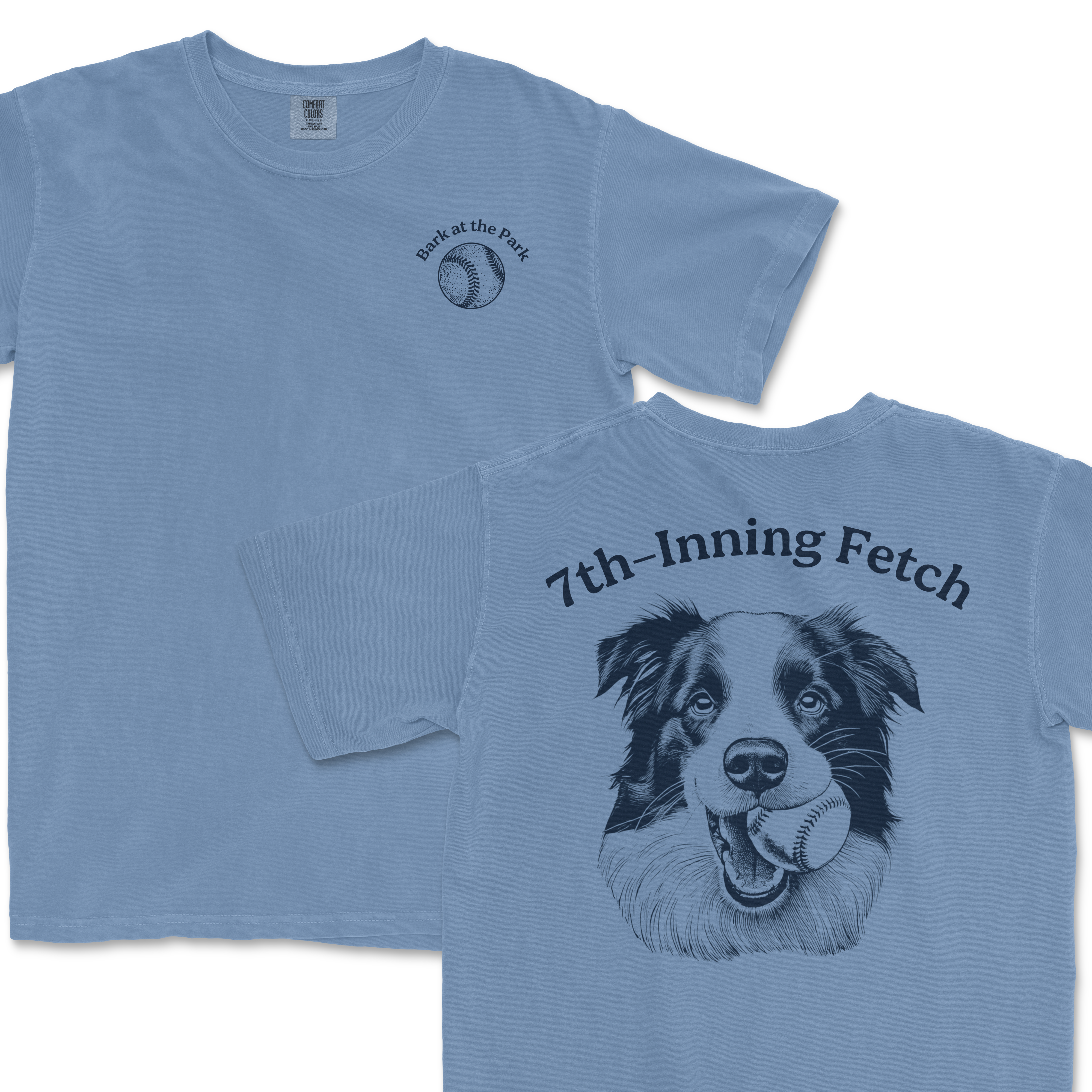 Light blue Comfort Colors T-shirt featuring a dog with a baseball in its mouth and the text "7th-Inning Fetch" on the back.