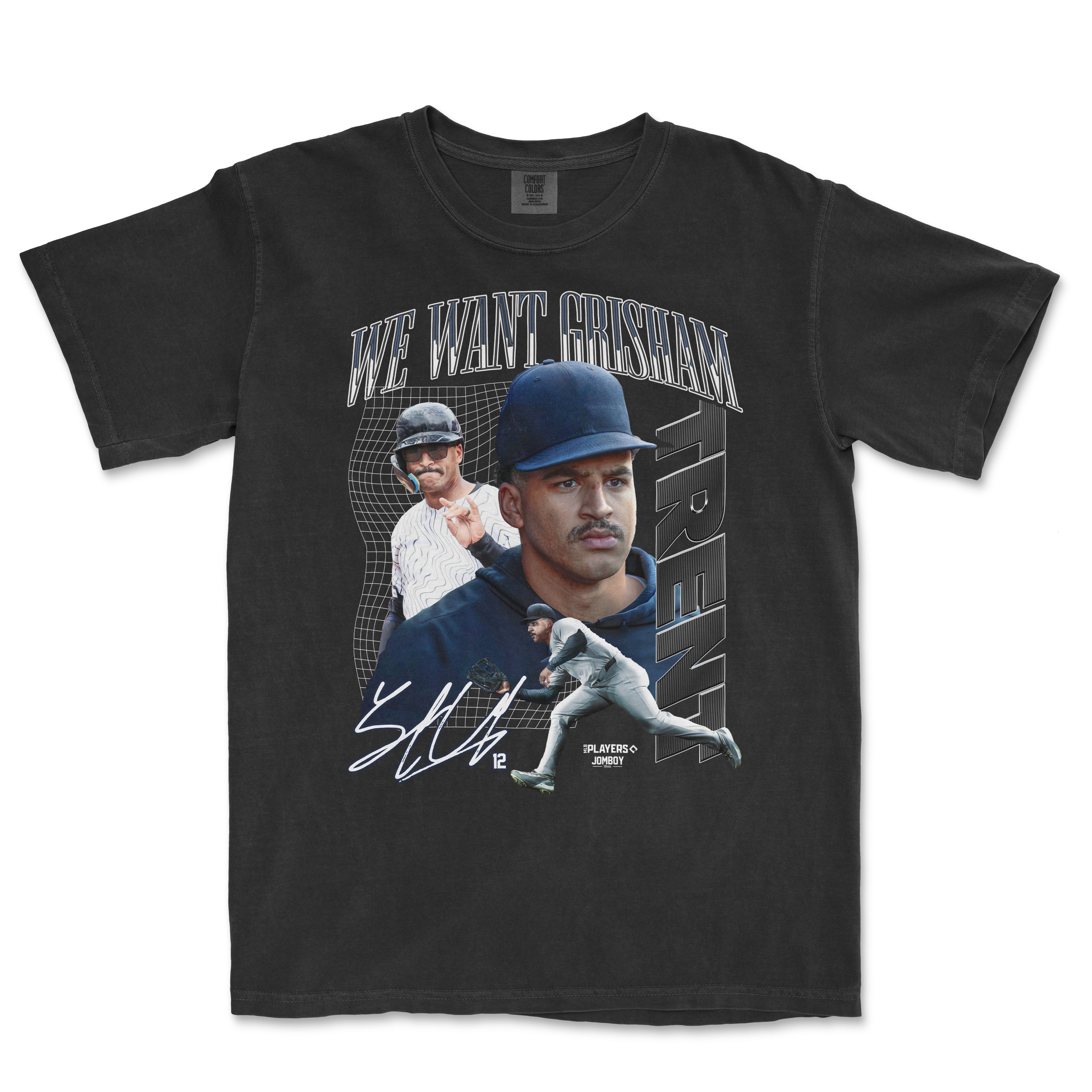 Black T-shirt featuring a collage of baseball players, with the text "WE WANT GRISHAM" and "TREND" in bold letters.