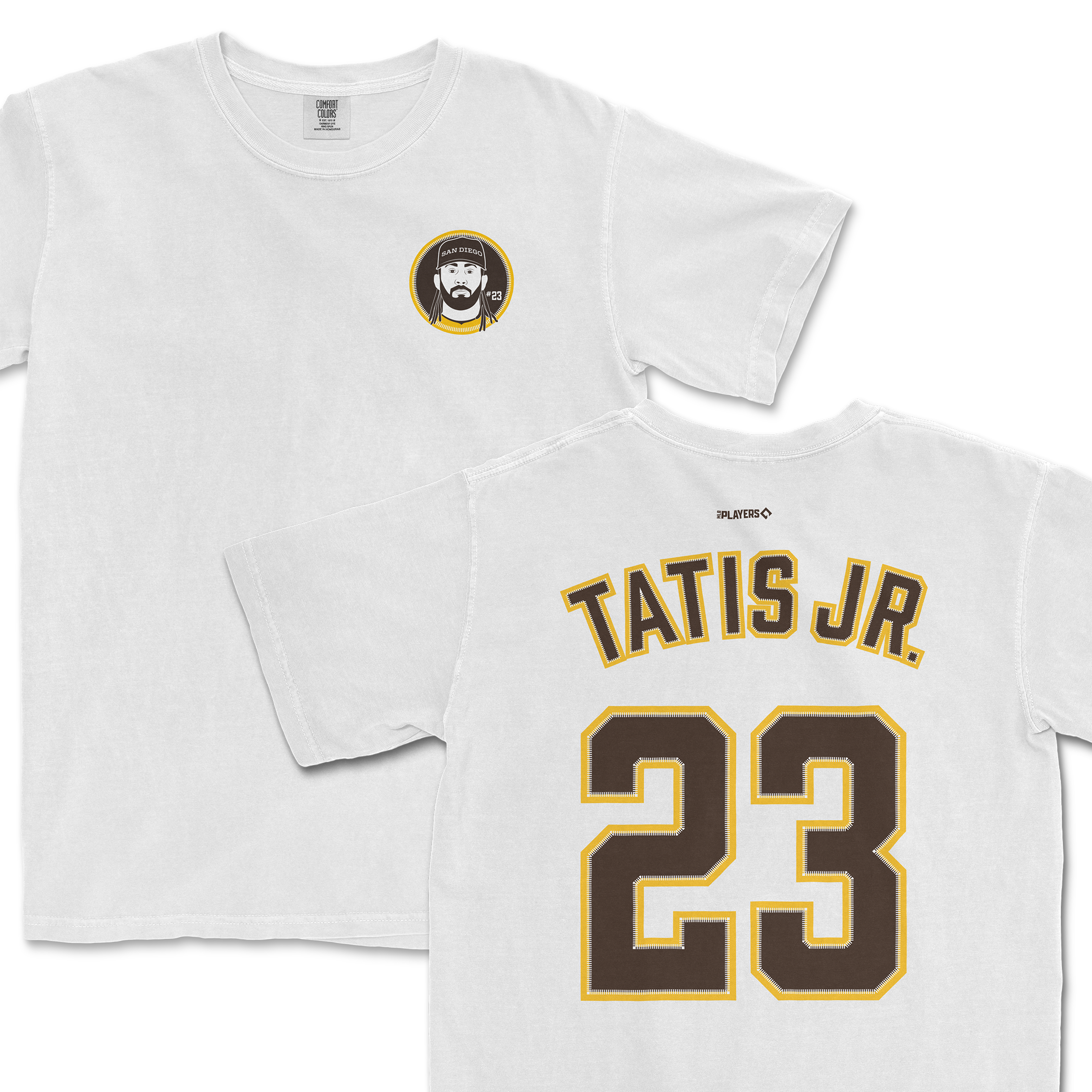White Fernando Tatis Jr. shirsey featuring his name and number 23 on the back, with a graphic on the front.