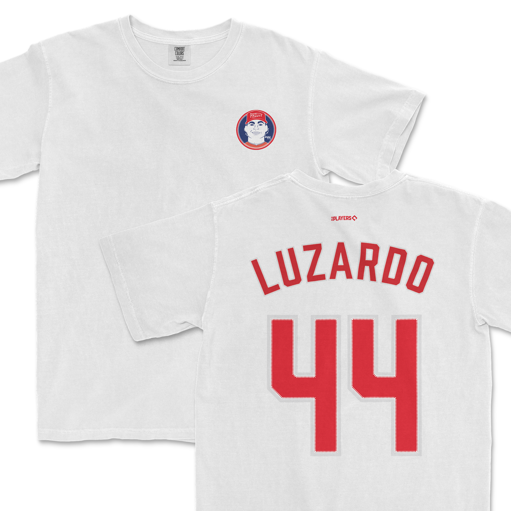 White Jesús Luzardo Shirsey featuring a front logo and bold red lettering on the back with the name and number 44.