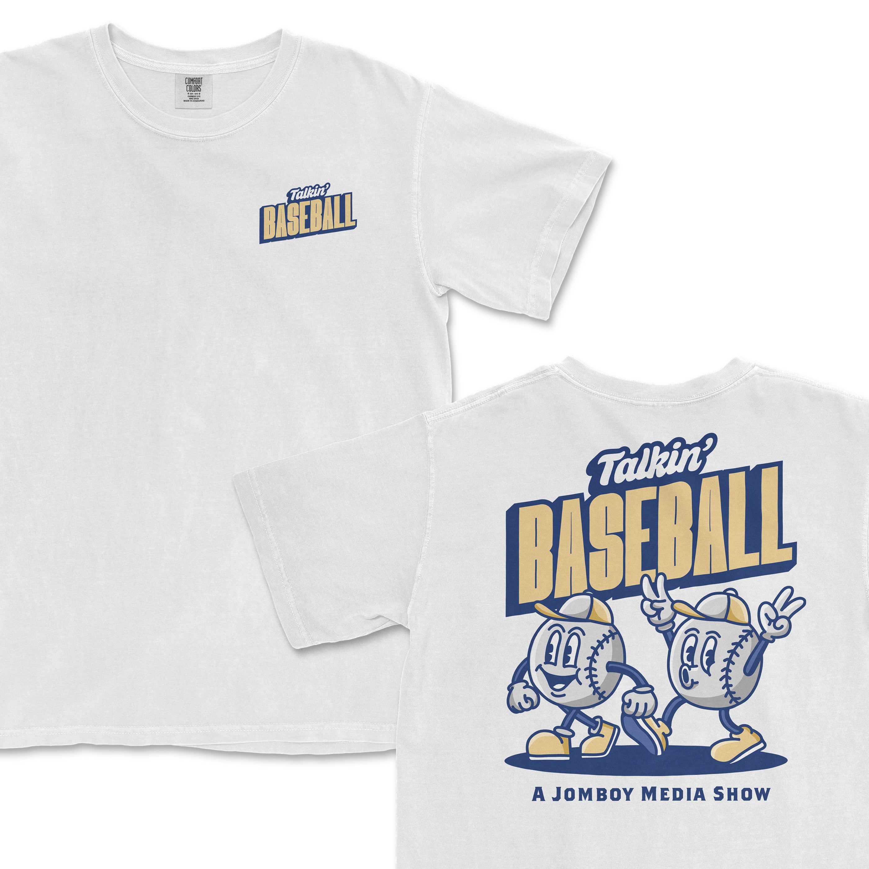 White T-shirt featuring "Talkin' Baseball & Friends" logo on front and cartoon baseball characters with "A Jomboy Media Show" text on back.
