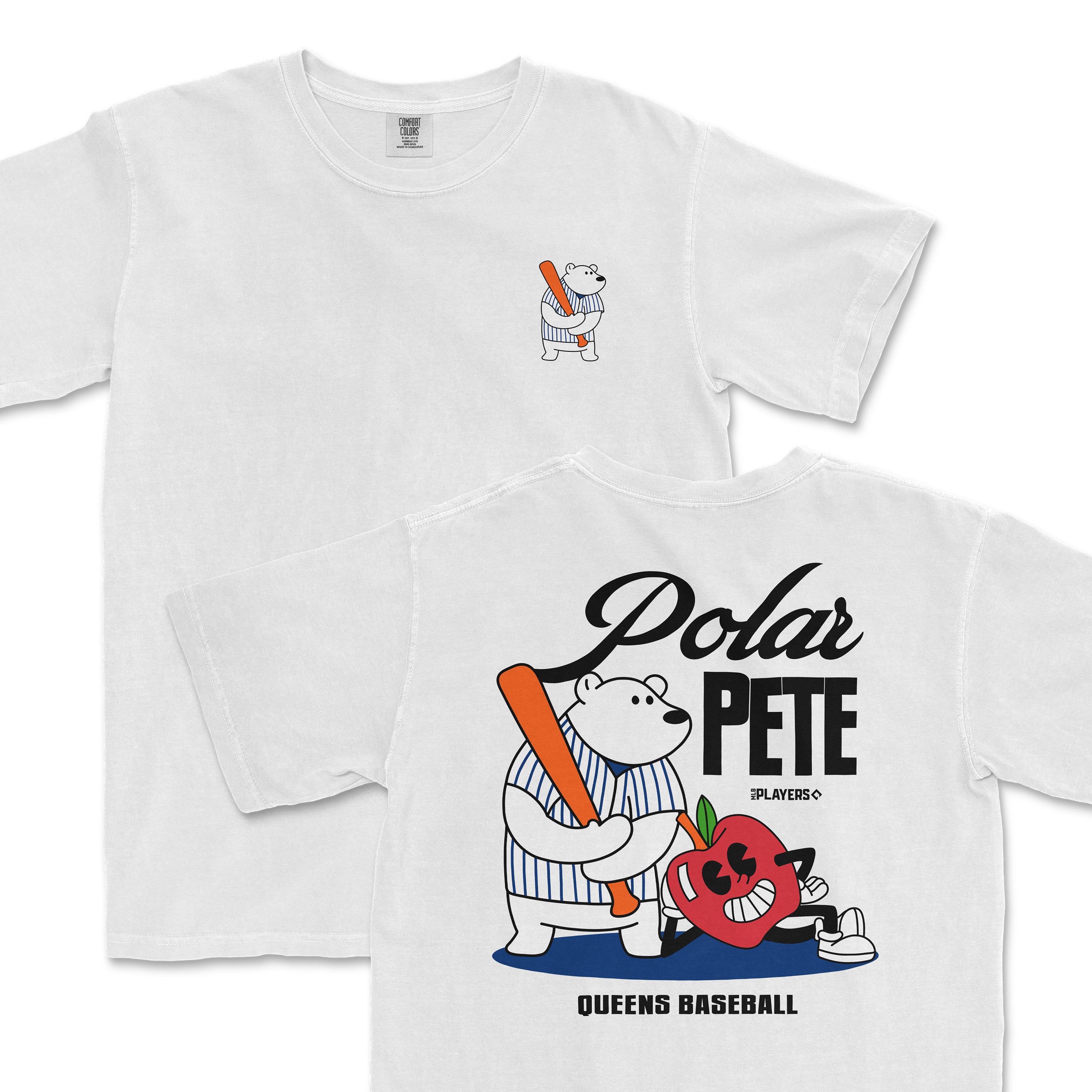 White t-shirt featuring a cartoon polar bear holding a baseball bat and an apple, with "Polar Pete" and "Queens Baseball" text.