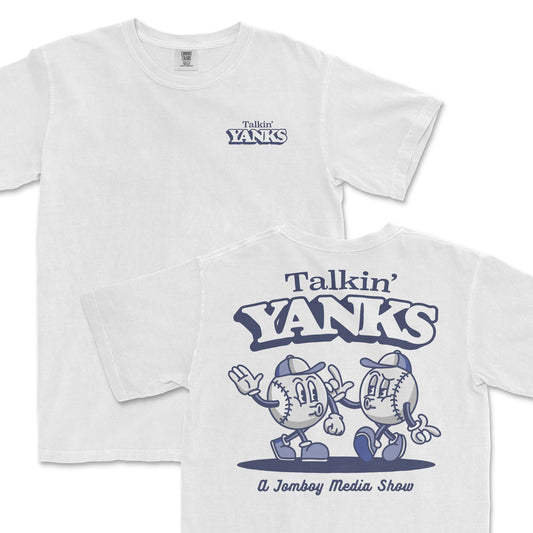 White T-shirt featuring "Talkin' Yanks" cartoon characters, baseballs with faces, hats, and the phrase "a Jomboy Media Show" on the back.