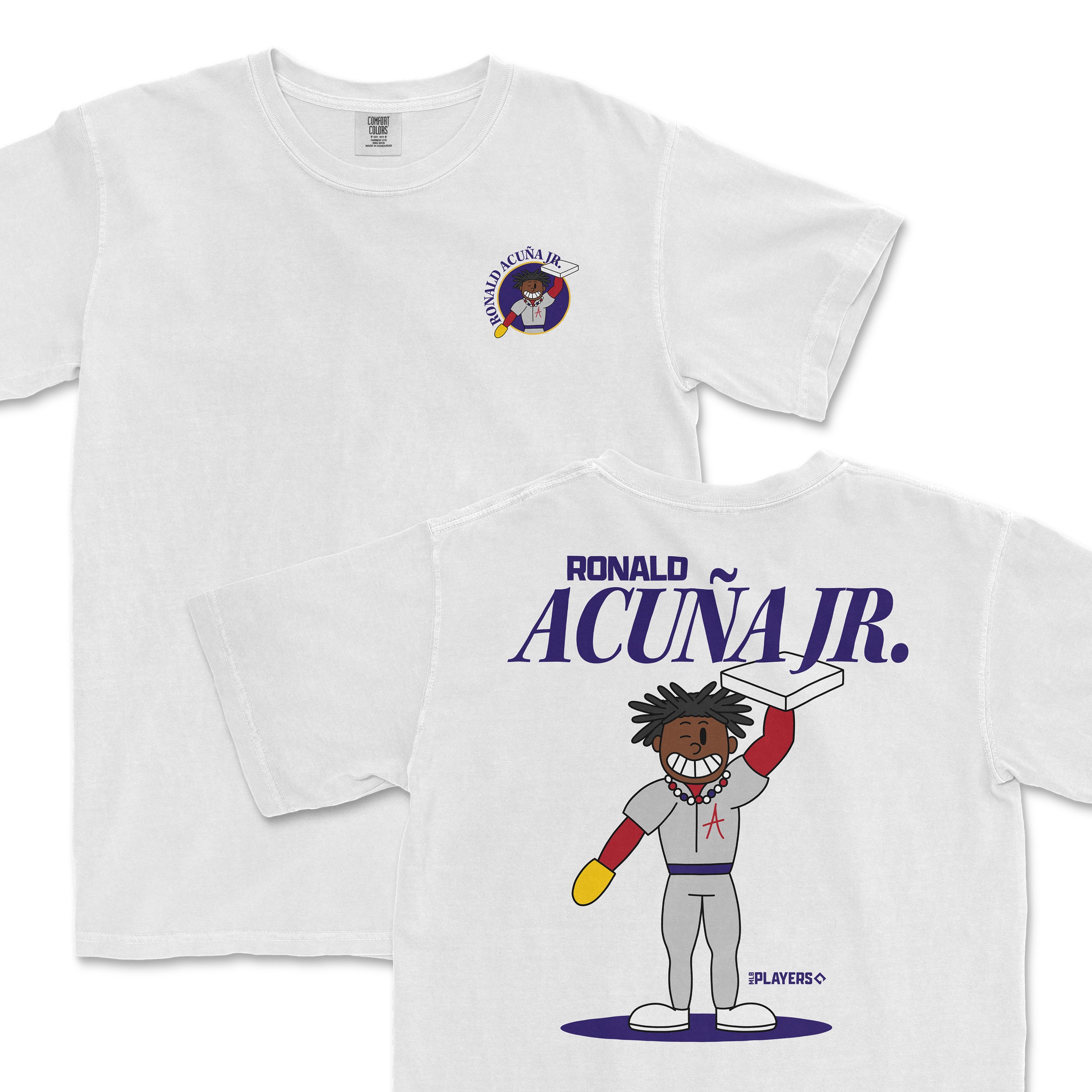 Ronald Acuña Jr. summer cartoon t-shirt featuring a playful graphic and bold text on a white background.
