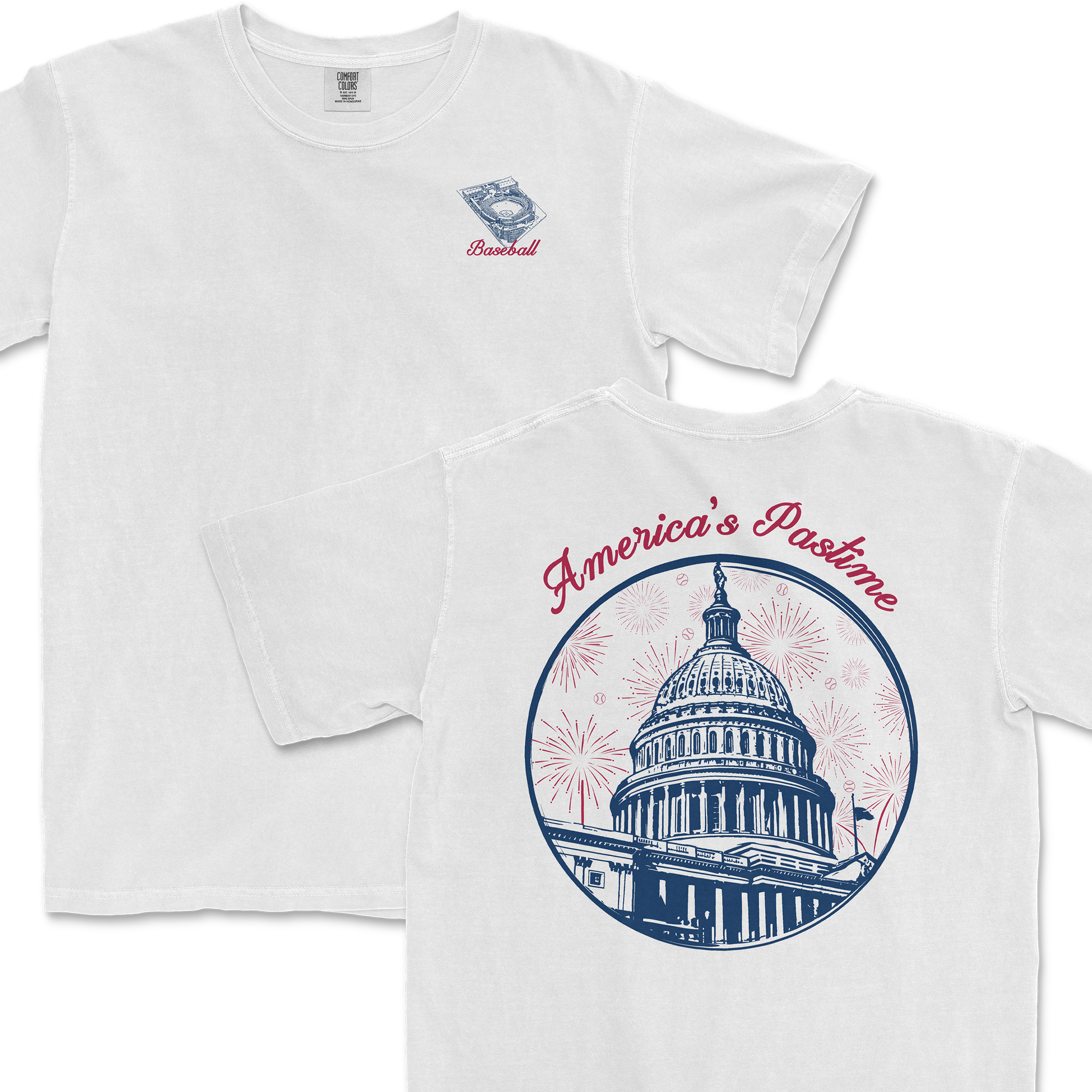 White t-shirt featuring a baseball graphic and the U.S. Capitol dome with "America's Pastime" text. Perfect for sports fans.