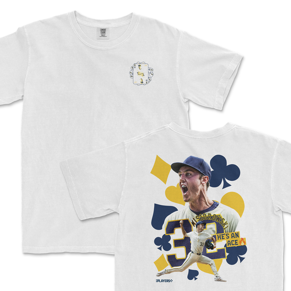 White t-shirt featuring Jacob Misiorowski graphic with "He's An Ace" text and colorful design elements on the back.