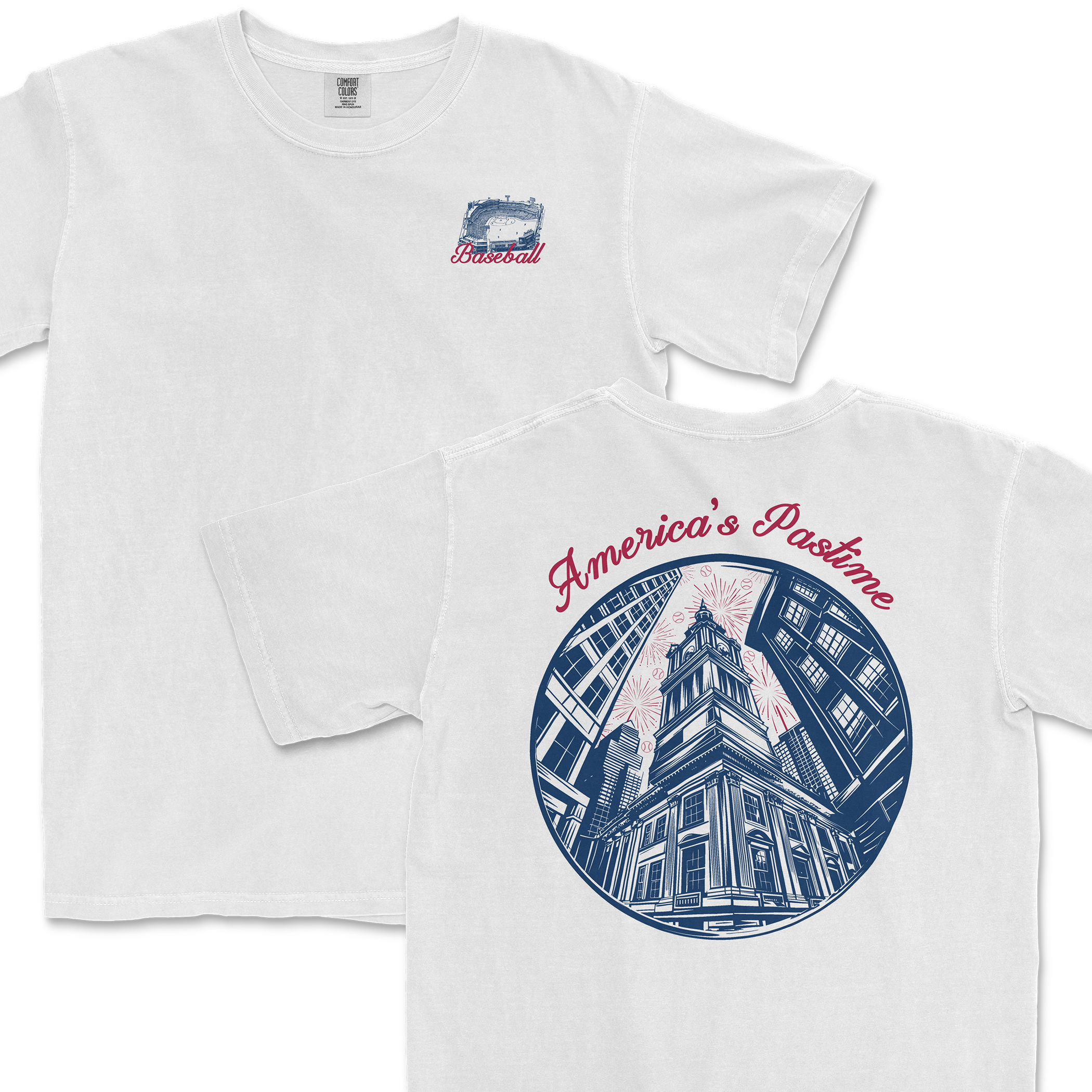 White t-shirt featuring a vintage baseball graphic and "America's Pastime" text on the back, perfect for baseball fans.