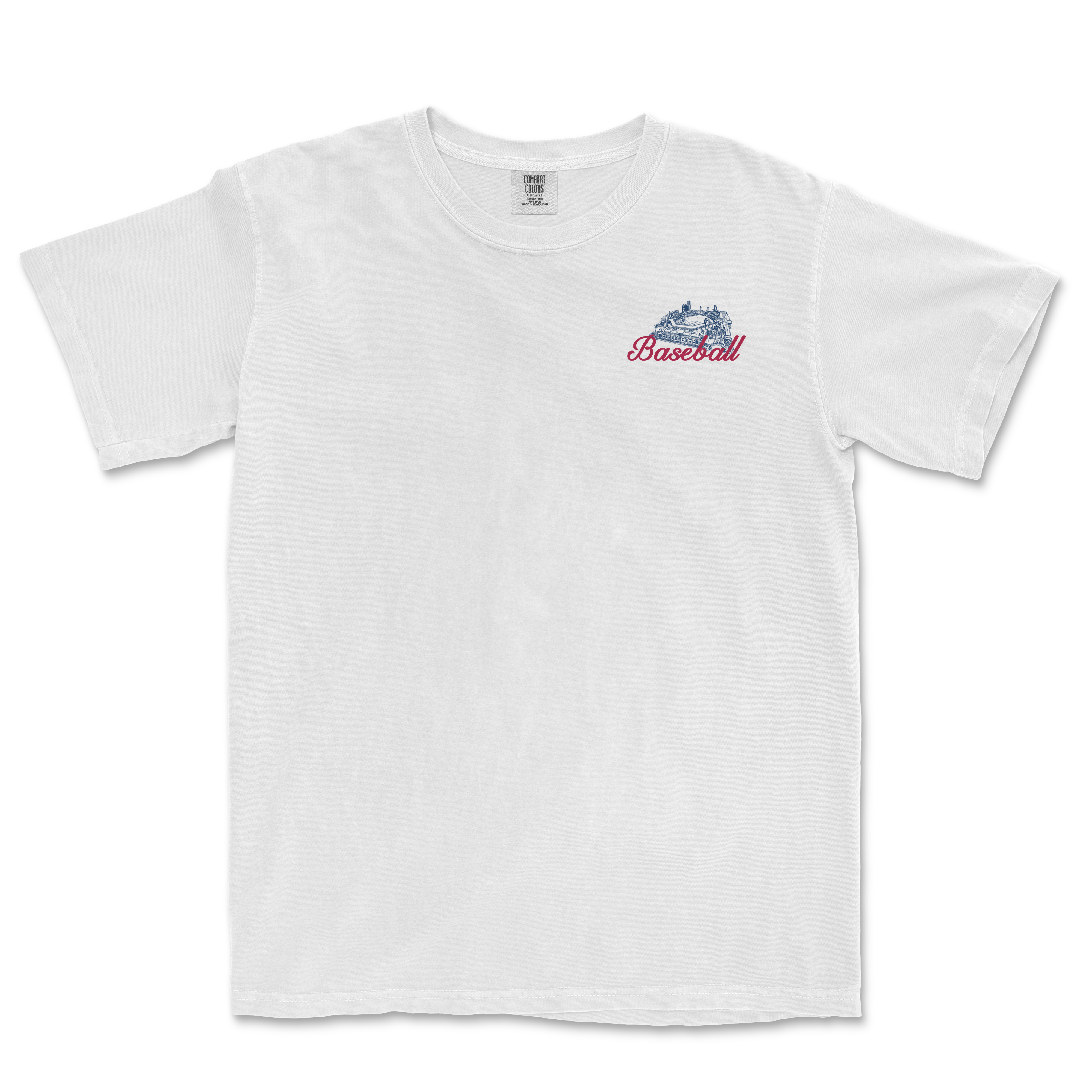 White t-shirt featuring a vintage-style baseball graphic with "Baseball" text, perfect for sports fans.