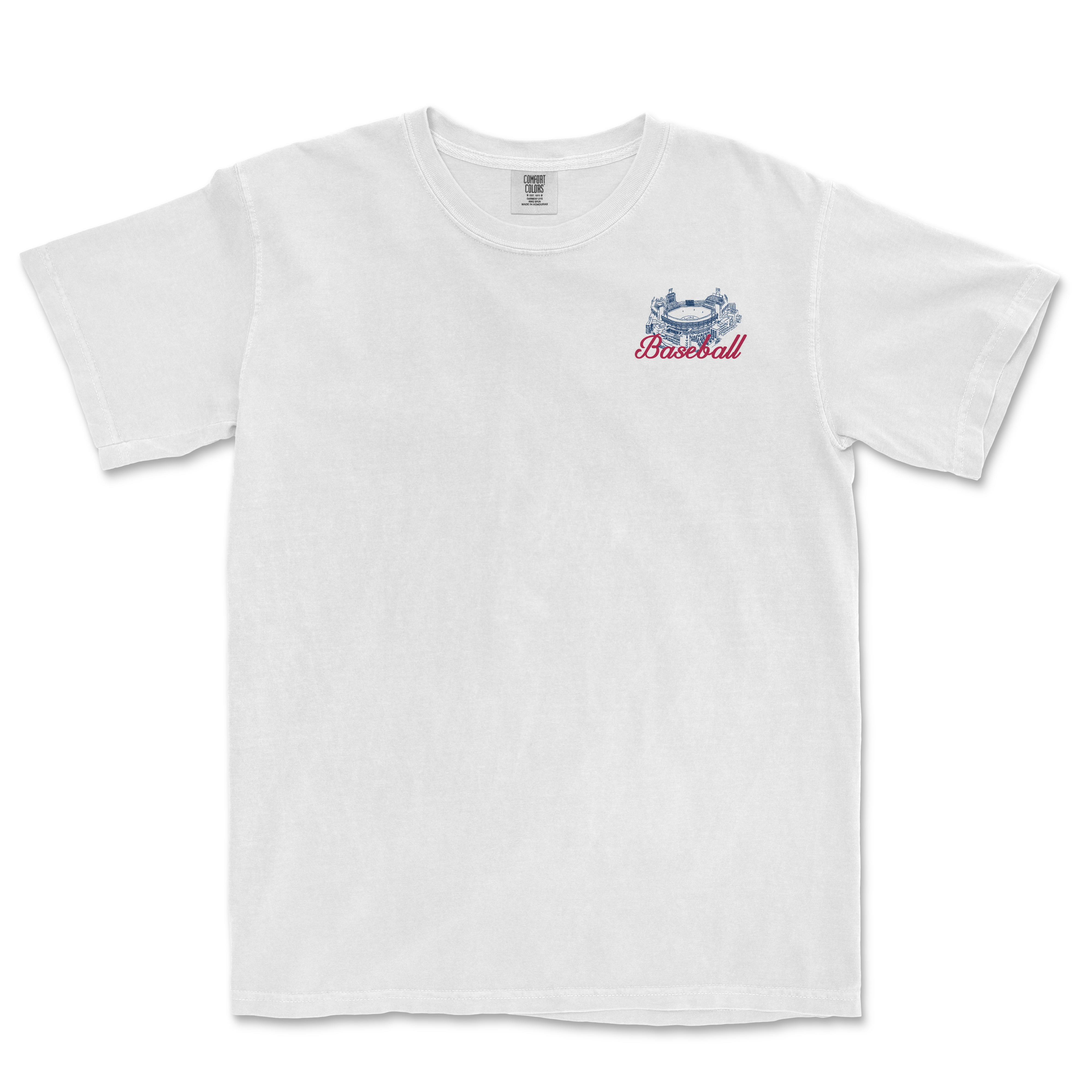 White t-shirt featuring a vintage-style baseball graphic with "Baseball" text, perfect for sports enthusiasts.