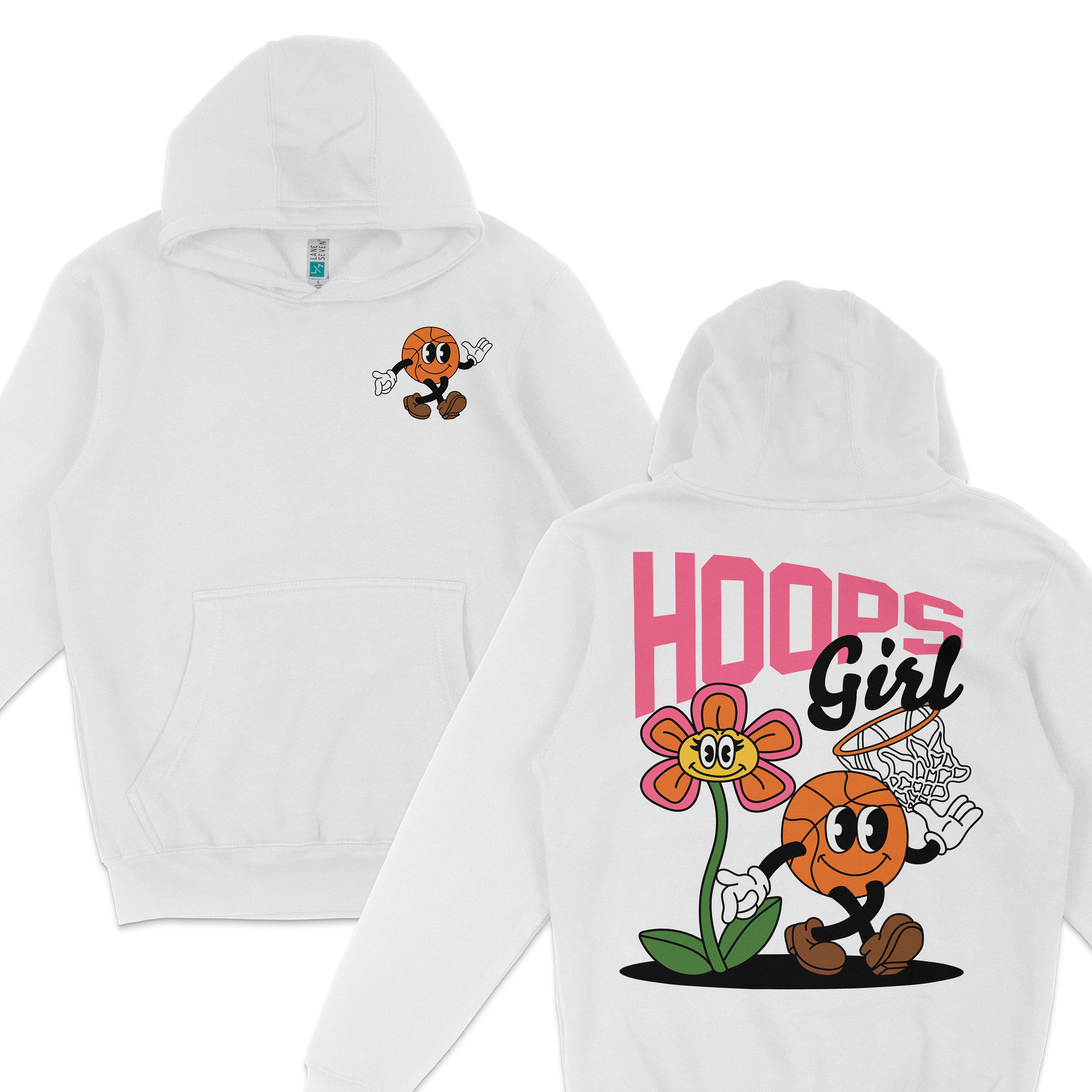 White hoodie featuring a basketball character with hoops and a flower, with "Hoops Girl" text on the back.