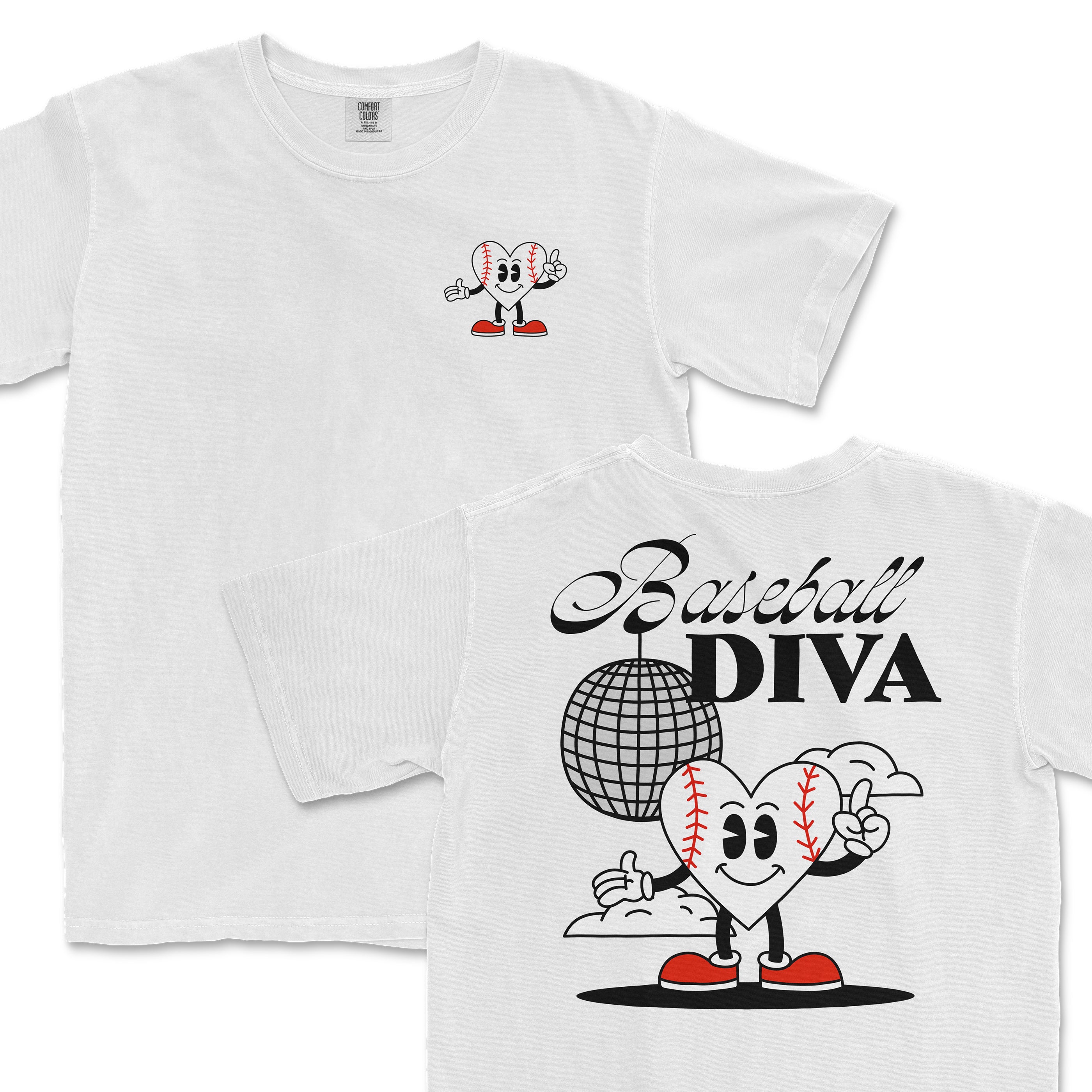 White Comfort Colors T-shirt featuring a cartoon baseball character with a heart-shaped face, red shoes, and a pointing gesture, with "Baseball Diva" text and a disco ball graphic.