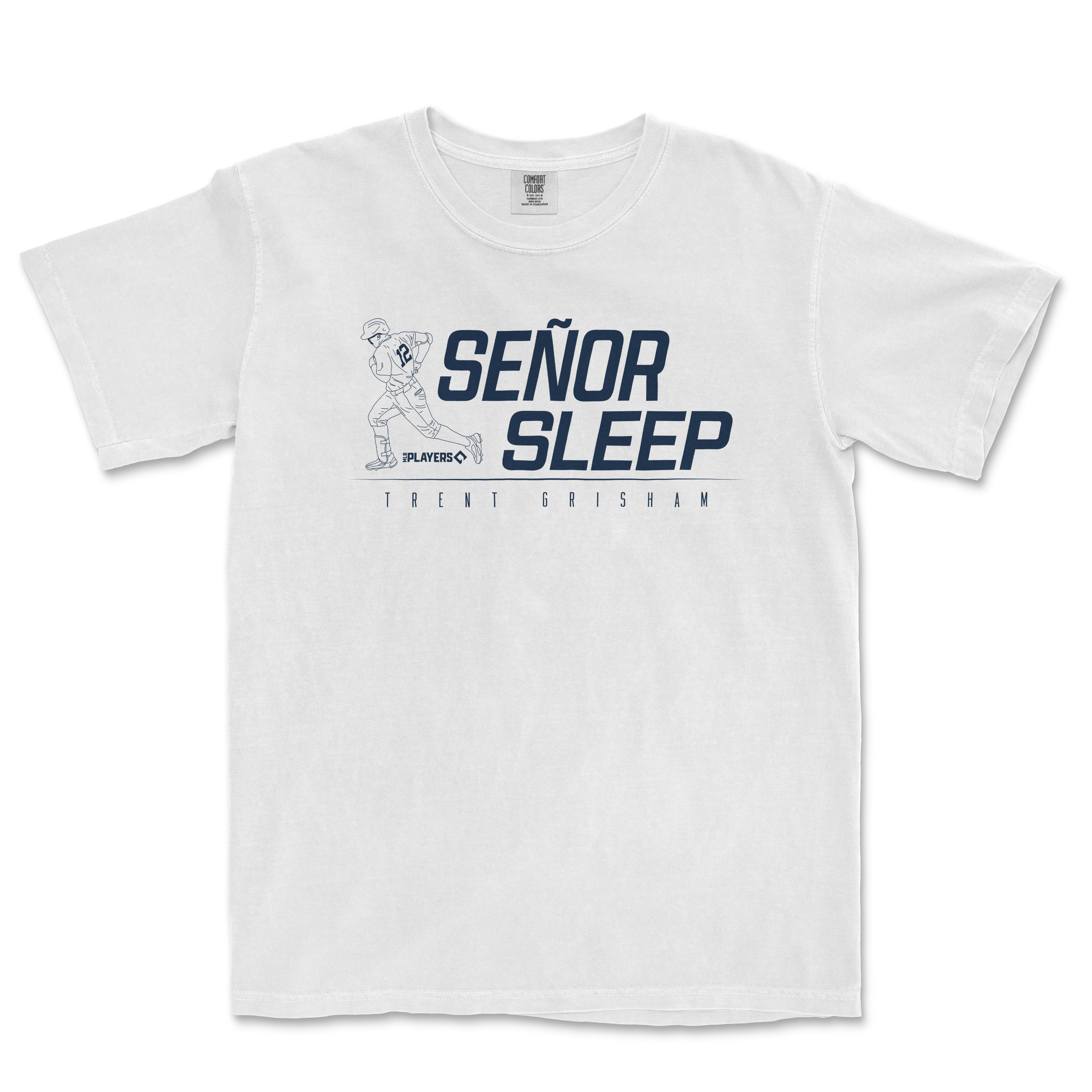 White T-shirt featuring a graphic of a baseball player, with text "Señor Sleep" and "Trent Grisham" underneath.