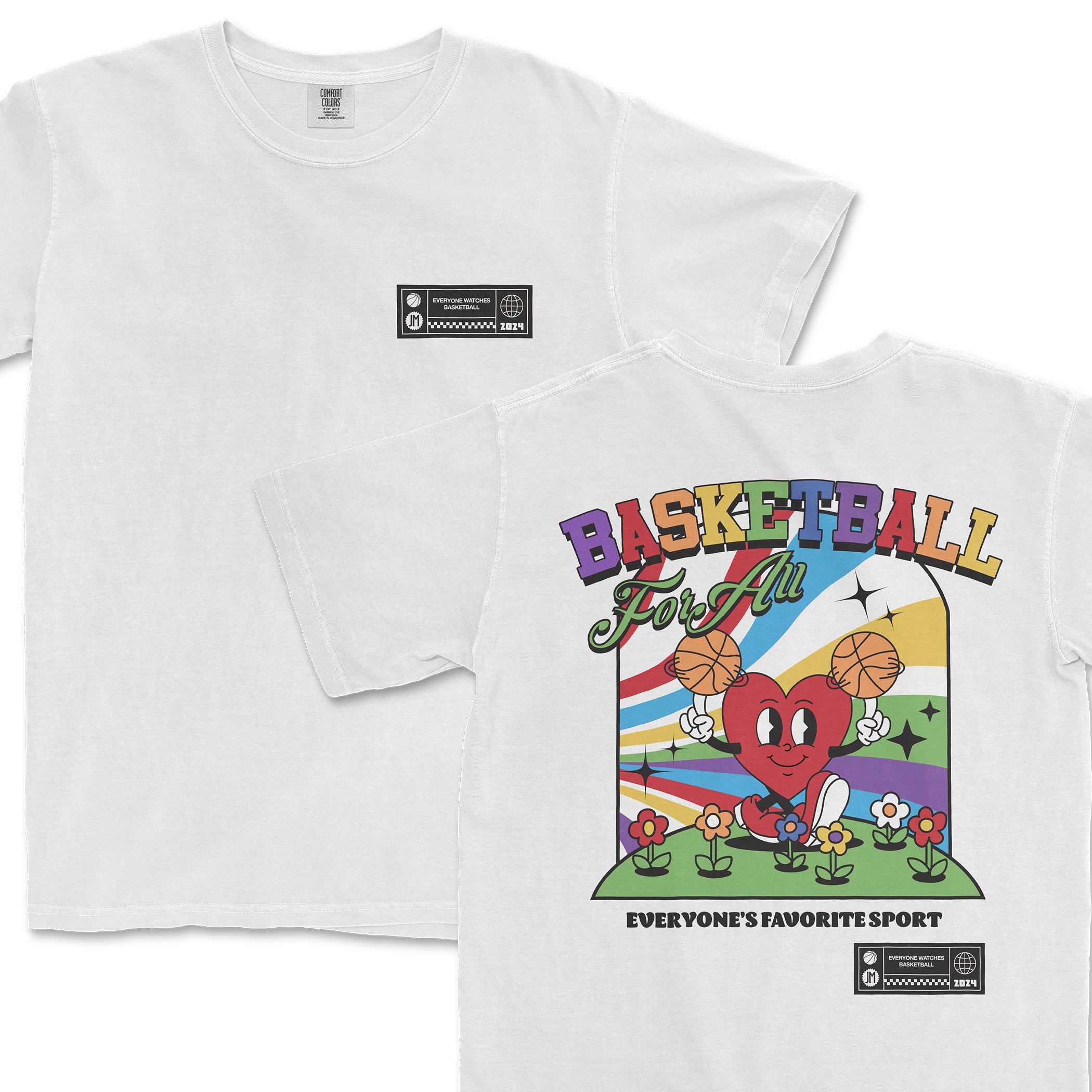 White Comfort Colors T-shirt featuring colorful "Basketball for All" graphic with a heart character holding basketballs, flowers, and rainbow background.