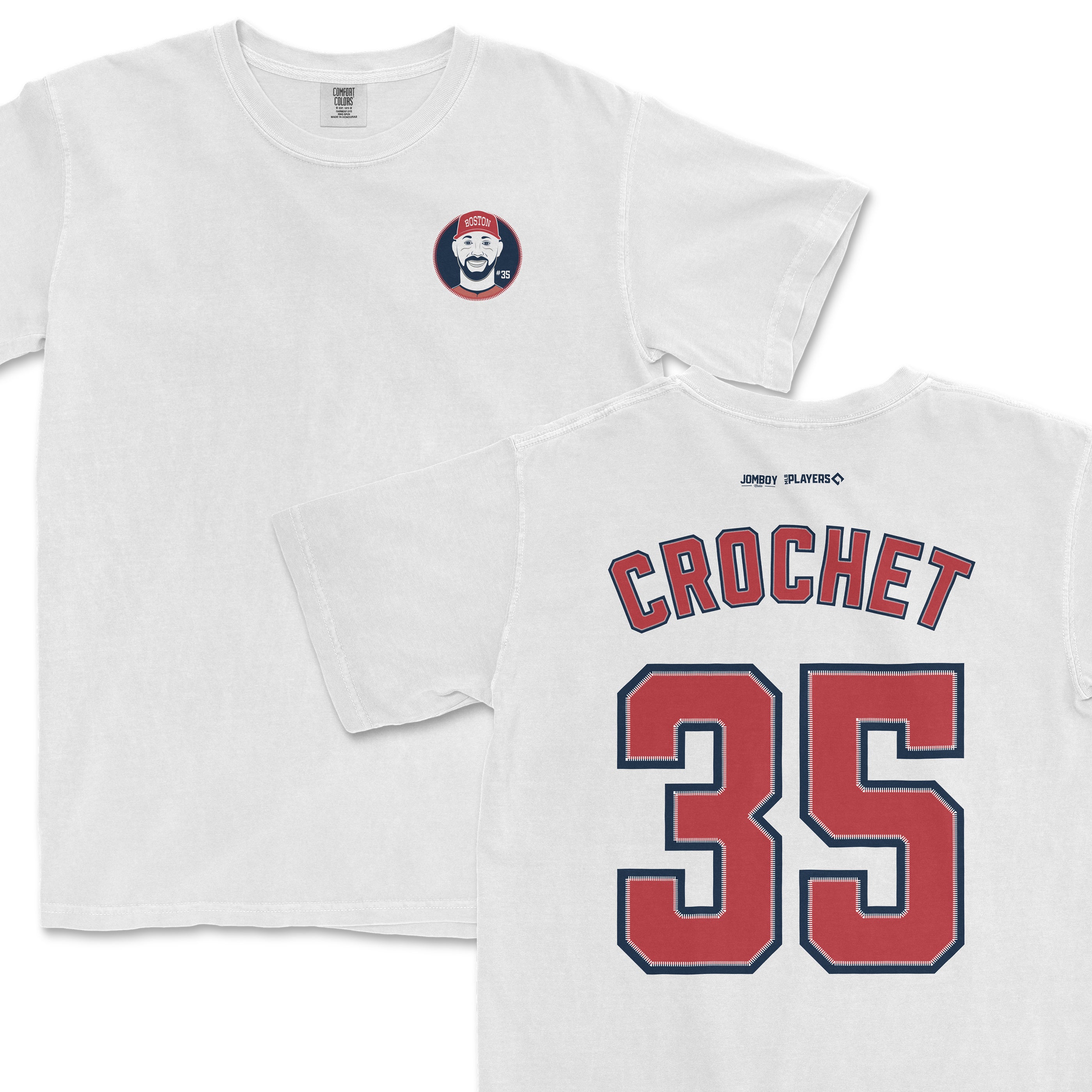 White Comfort Colors t-shirt featuring a Garrett Crochet Boston baseball team logo on the front and "Crochet 35" on the back.