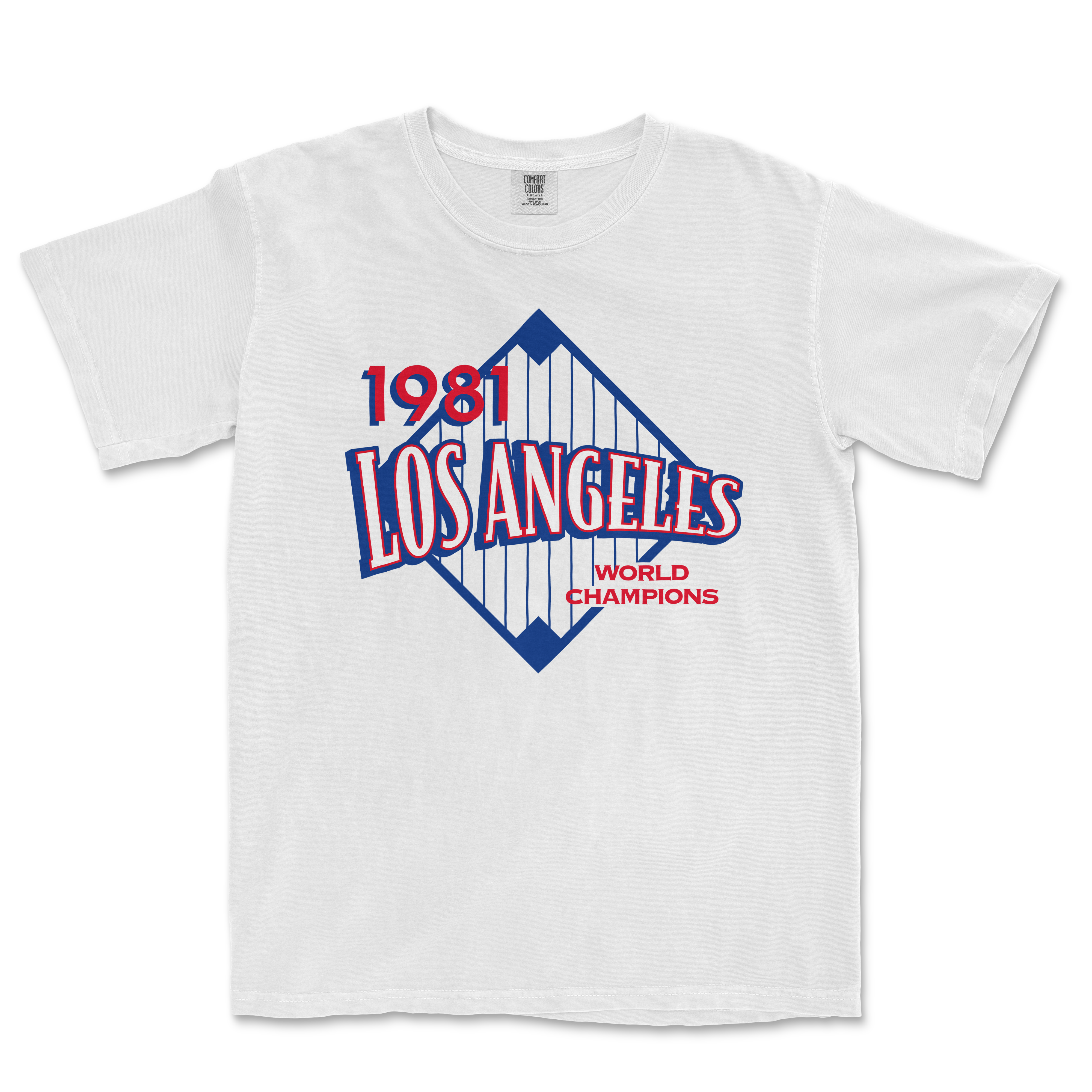 White Comfort Colors tee featuring a vintage Los Angeles 1981 World Champions graphic with red, blue, and white design elements.