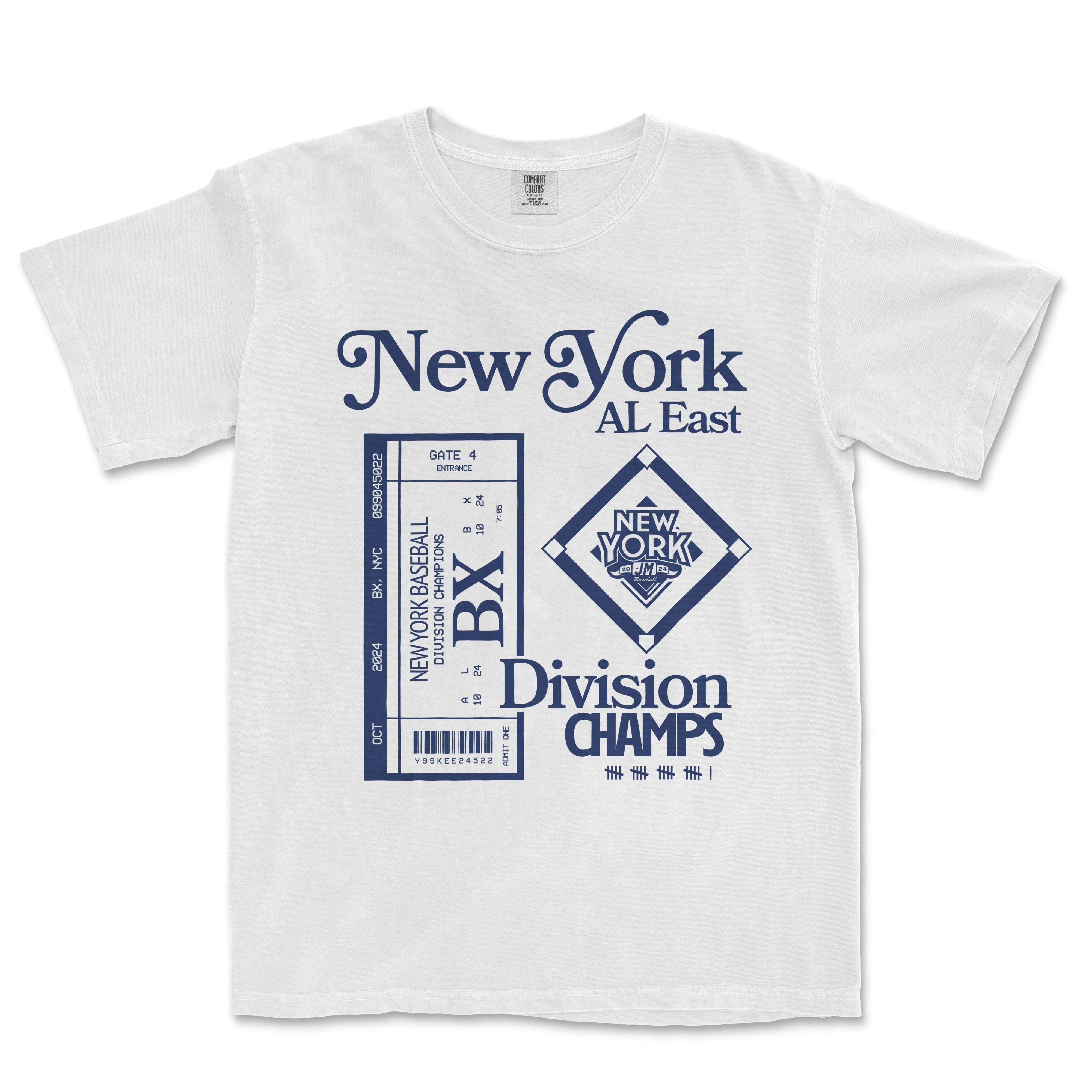 White Comfort Colors T-shirt featuring navy blue "NYY Division Champions" and vintage-style New York Yankees baseball ticket and logo design.