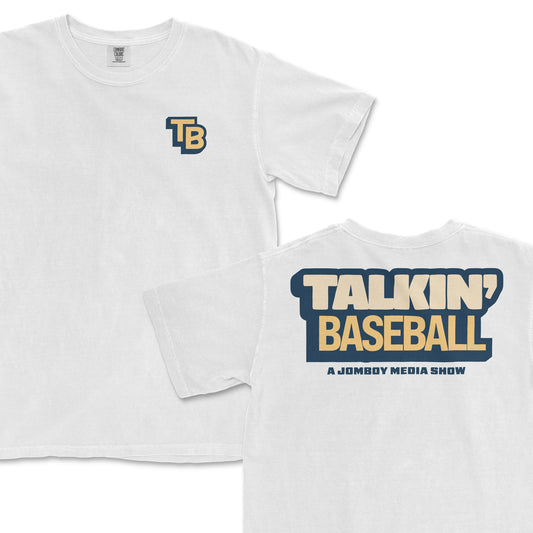 White T-shirt featuring a 3D-style "TB" logo on the front and "TALKIN' BASEBALL" with "A JOMBOY MEDIA SHOW" text in bold, layered 3D lettering on the back.