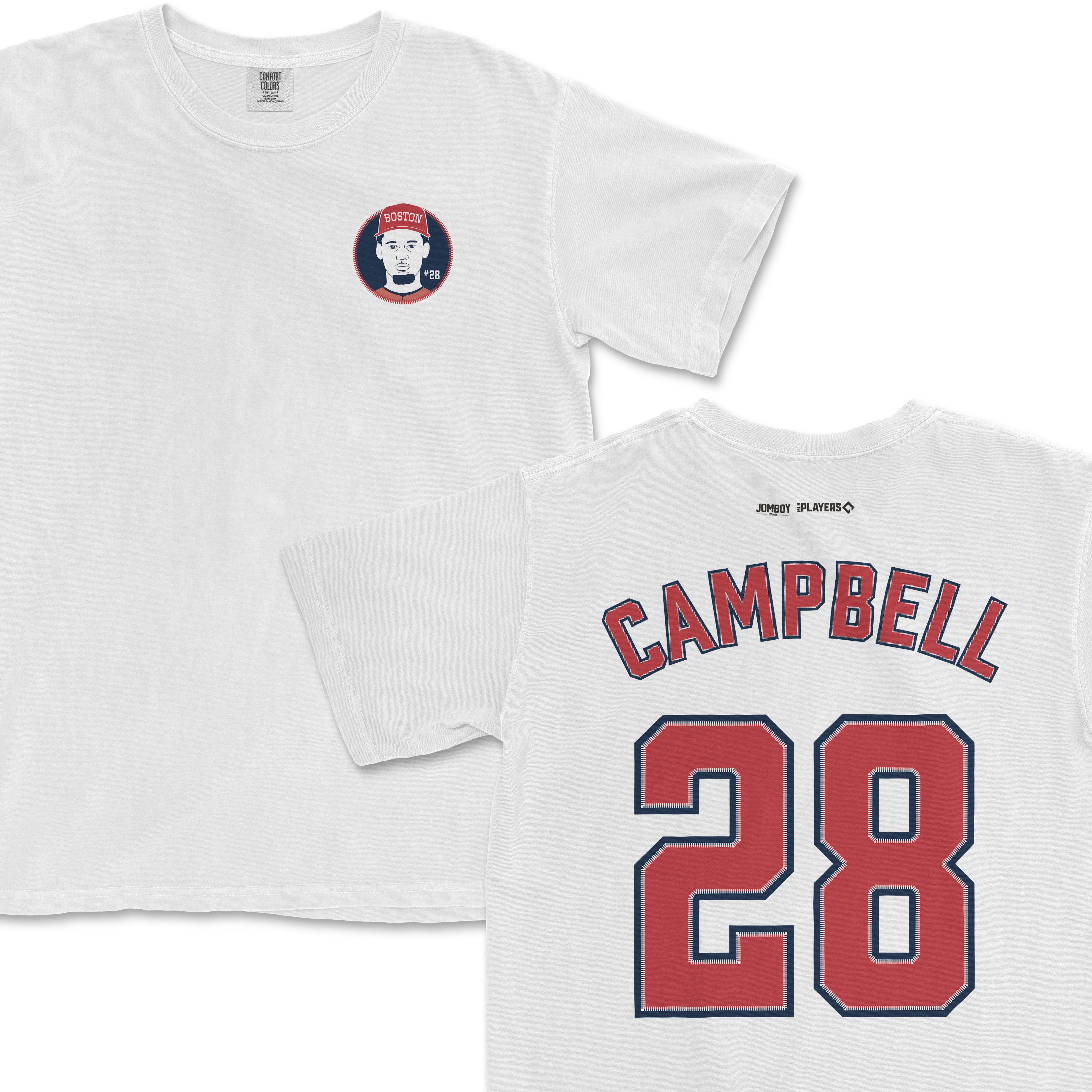White Comfort Colors tee featuring a small circular Boston-themed graphic on the front chest and "CAMPBELL 28" sports jersey-style print on the back.