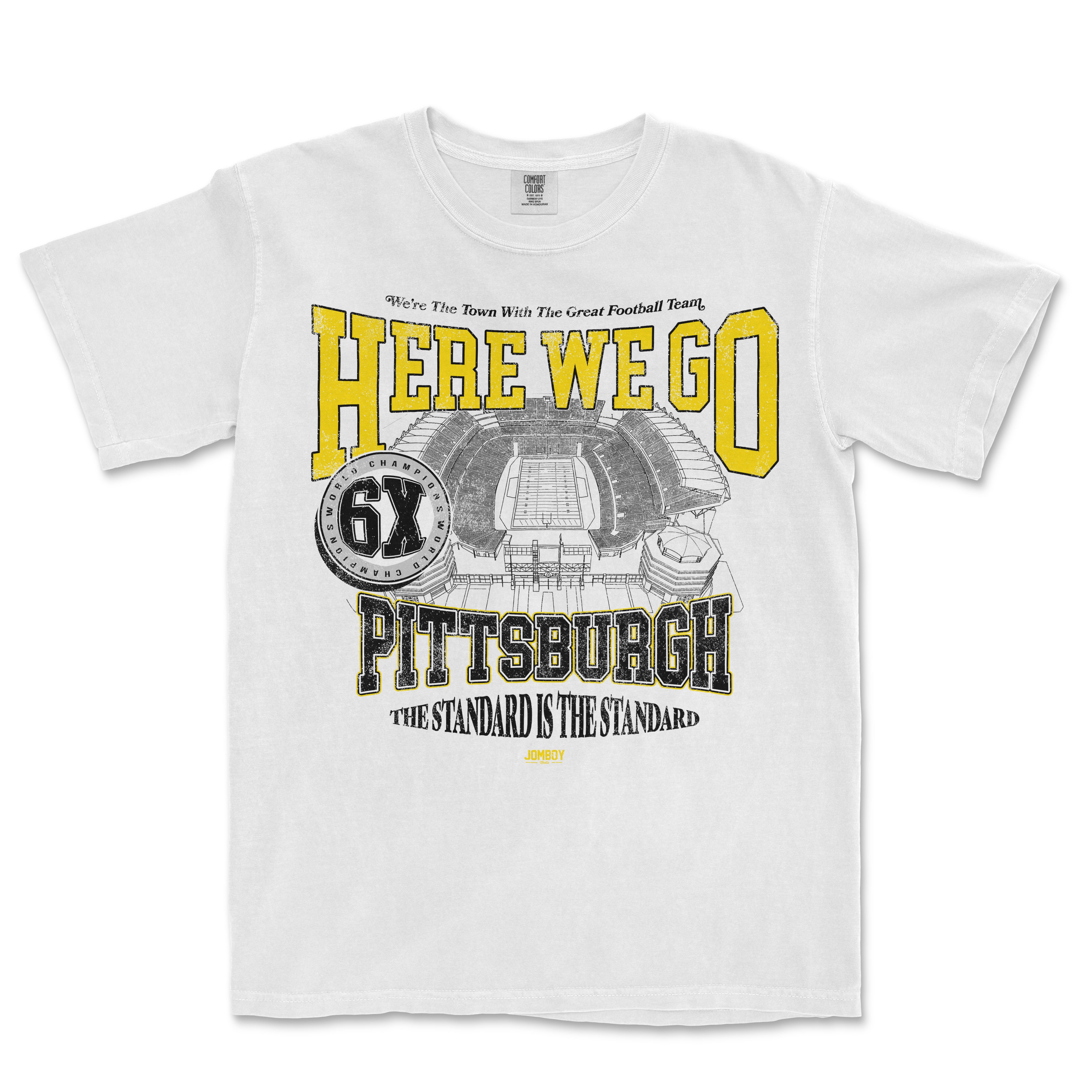 White T-shirt featuring bold yellow and black text, a stadium illustration, and football team slogans celebrating Pittsburgh.