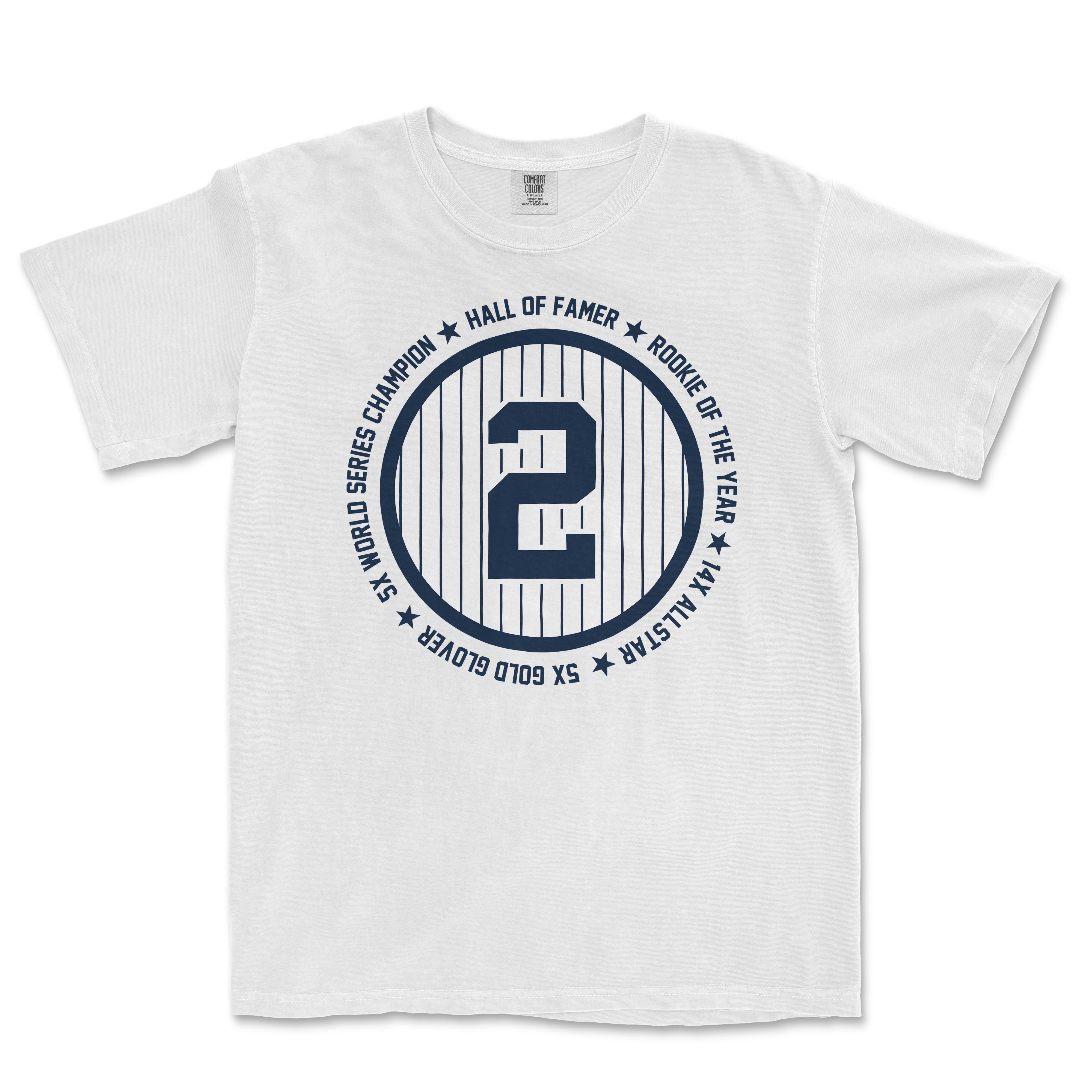 White Comfort Colors t-shirt featuring a blue circular design with the number 2 centered and surrounded by text including "World Series Champion," "Hall of Famer," "Rookie of the Year," and other accolades.
