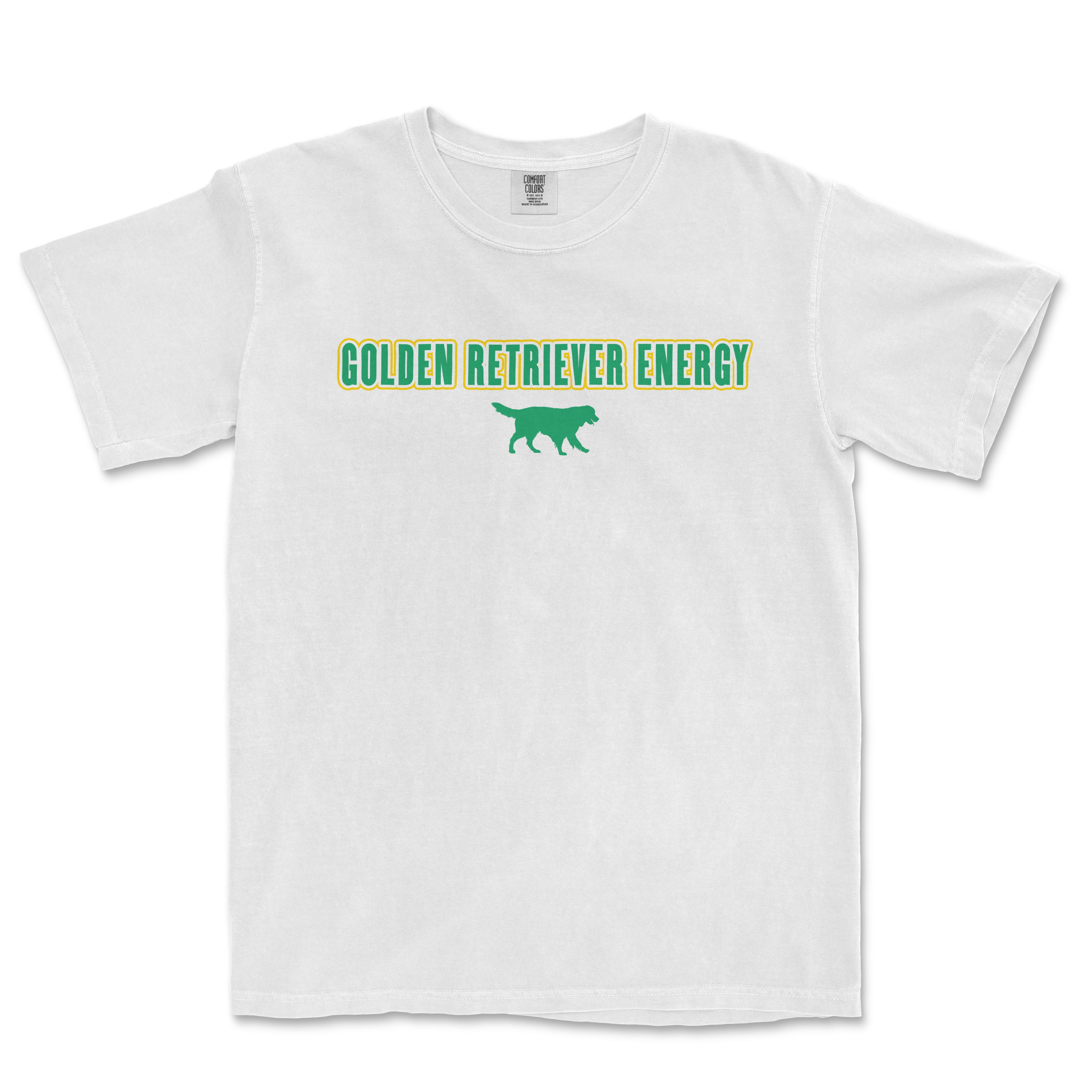 White vintage Comfort Colors T-shirt featuring green text "GOLDEN RETRIEVER ENERGY" and a silhouette of a golden retriever dog.
