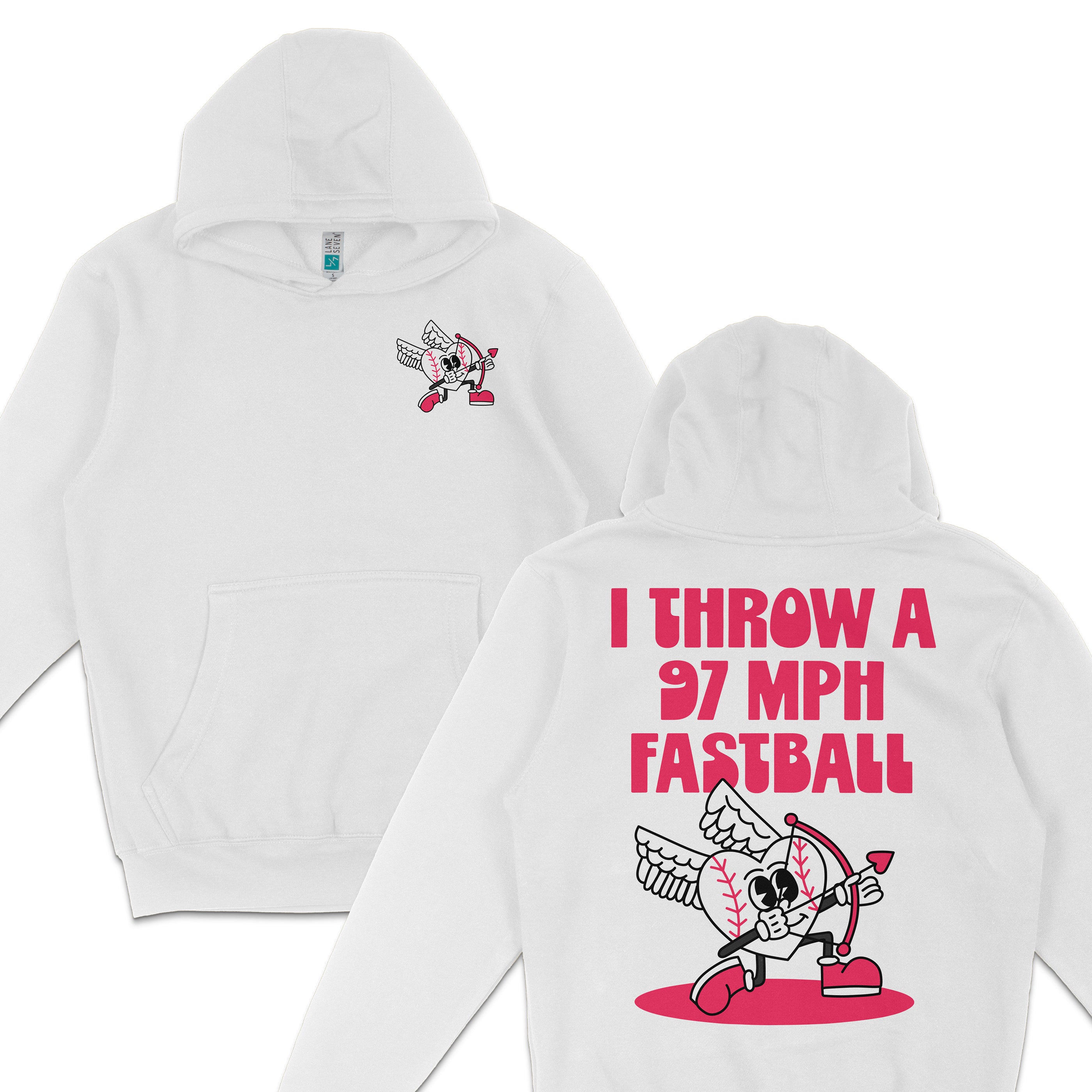 White hoodie featuring a cartoon winged baseball character with a bow and arrow, and bold pink text: "I THROW A 97 MPH FASTBALL" on the back.