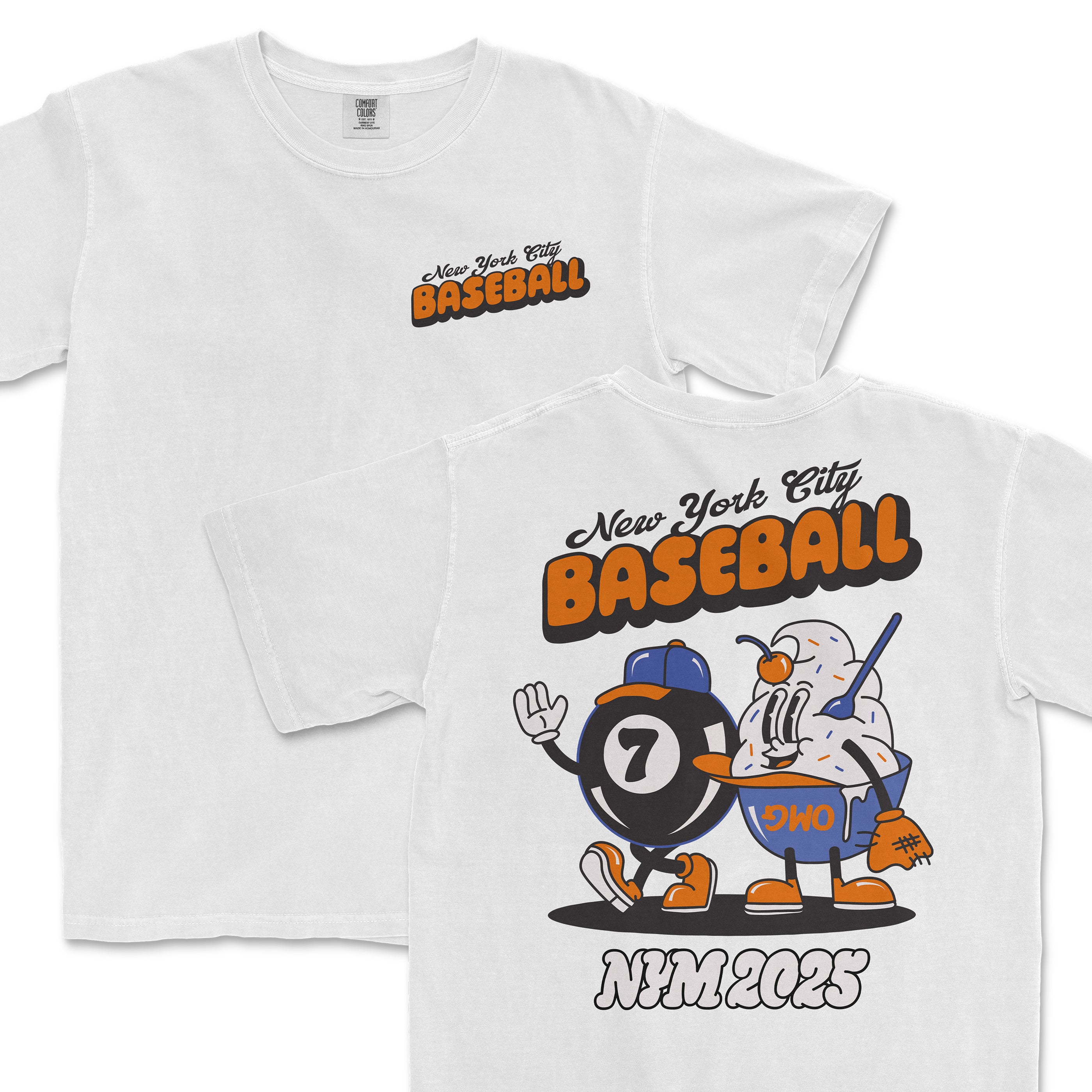 White Comfort Colors T-shirt featuring a vintage-style graphic of a magic 7 ball and a bowl of ice cream with a cherry, both wearing baseball caps.