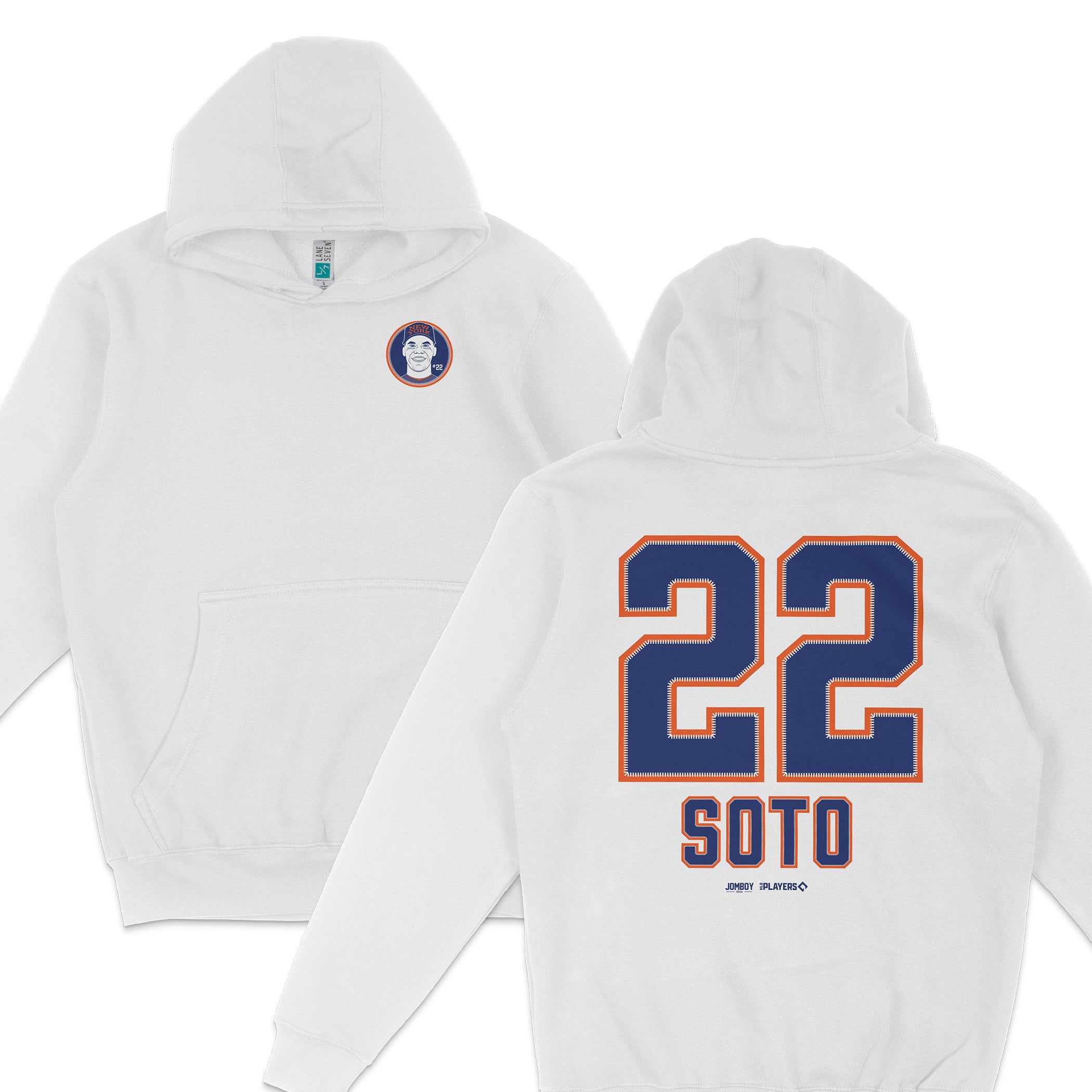 White crewneck sweatshirt featuring Juan Soto NYM design, with Soto's name and number 22 on the back and a team logo on the front.