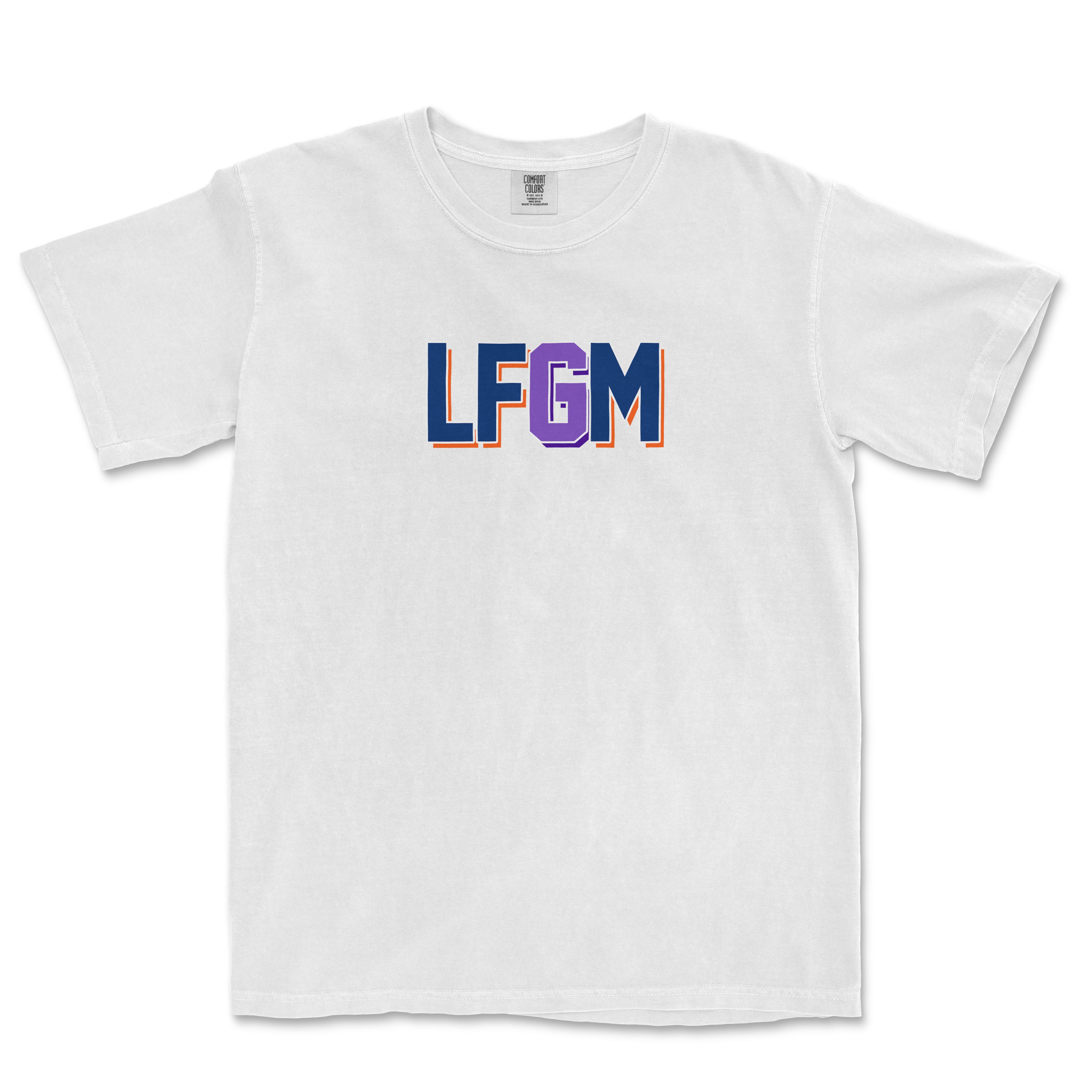 White Comfort Colors T-shirt with bold "LFGM" text in blue, purple, and orange lettering across the front.