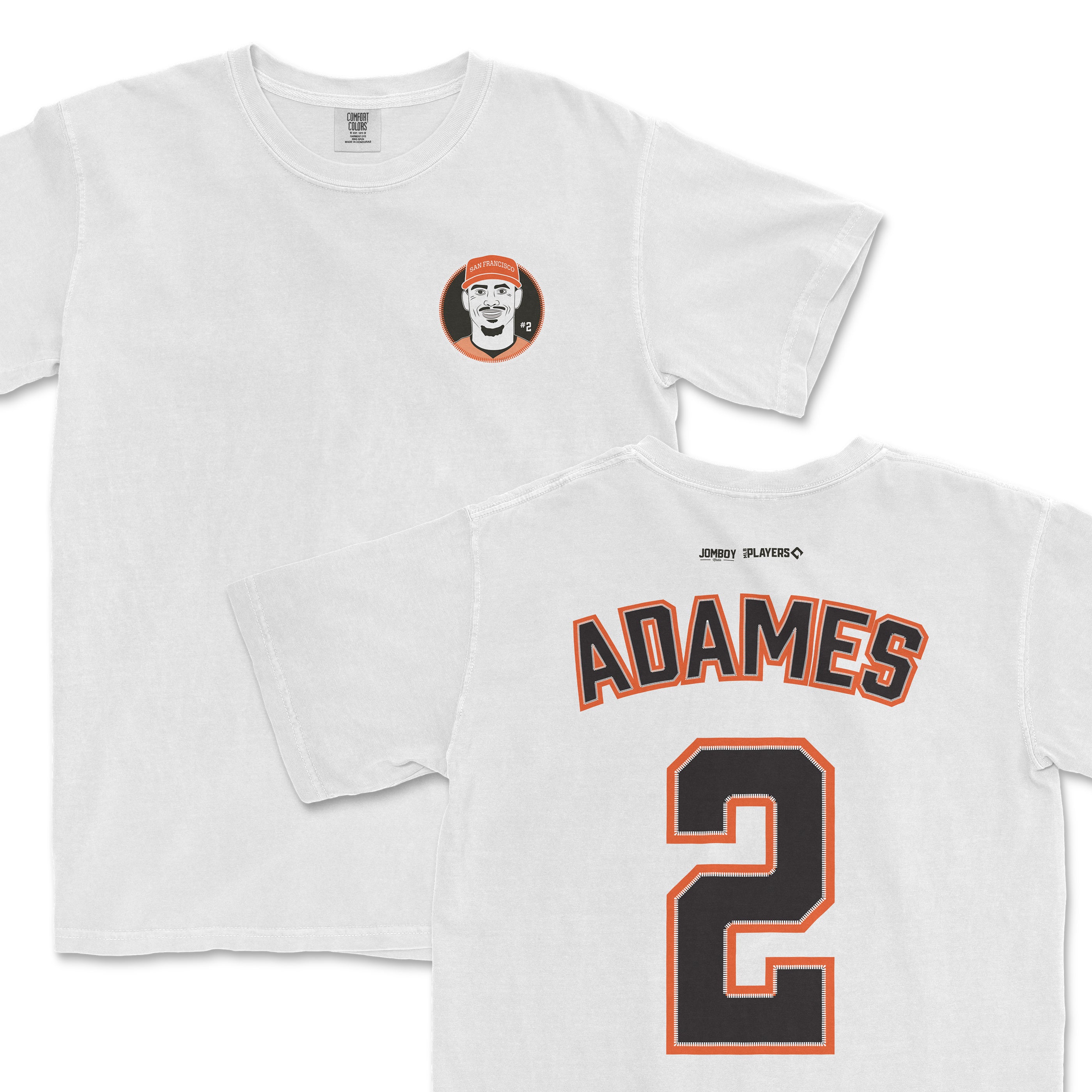 White Willy Adames shirsey featuring his name and number 2 on the back, with a small graphic of him wearing a cap on the front.