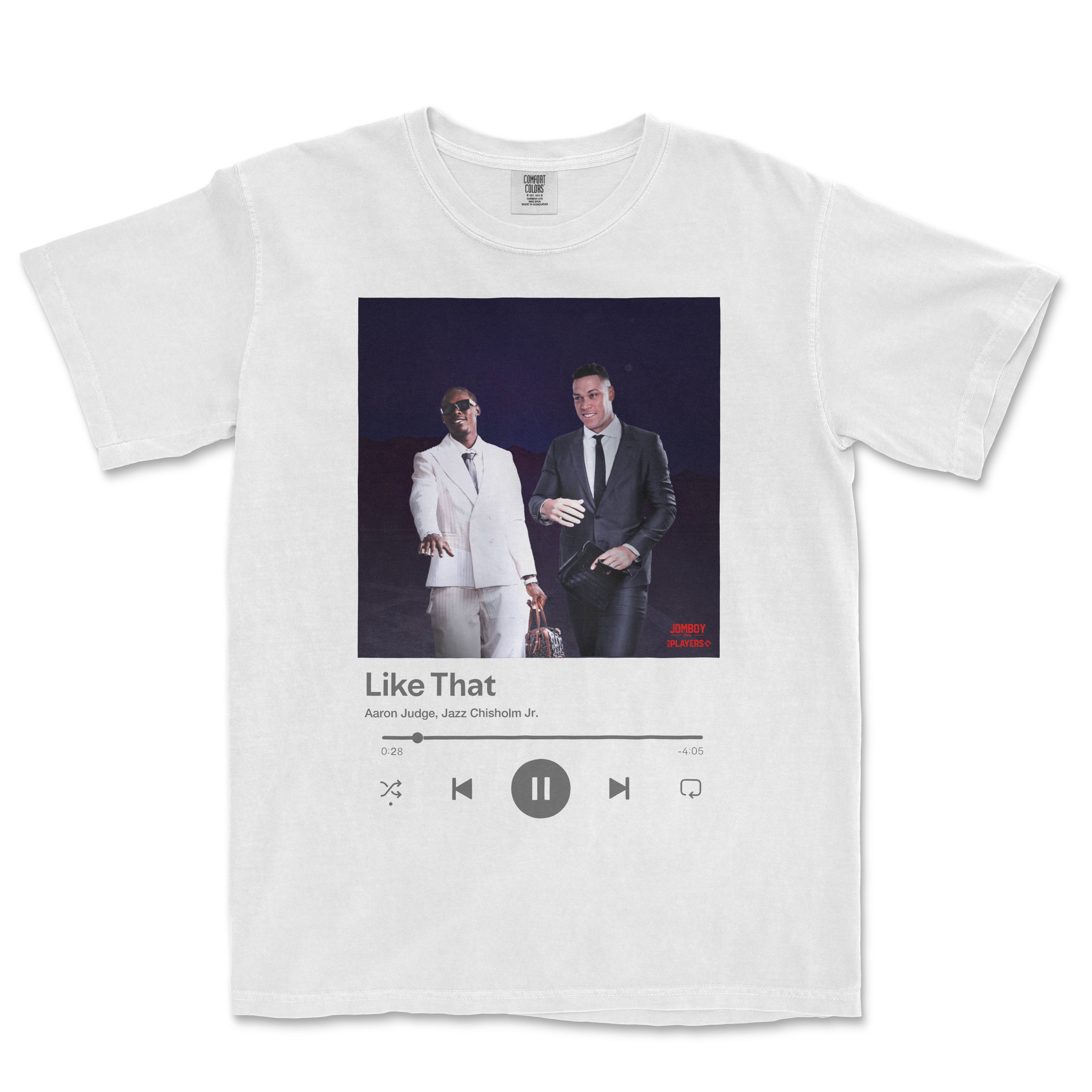 White T-shirt featuring a graphic of two men in suits, with music player icons and the text "Like That" and artist names.