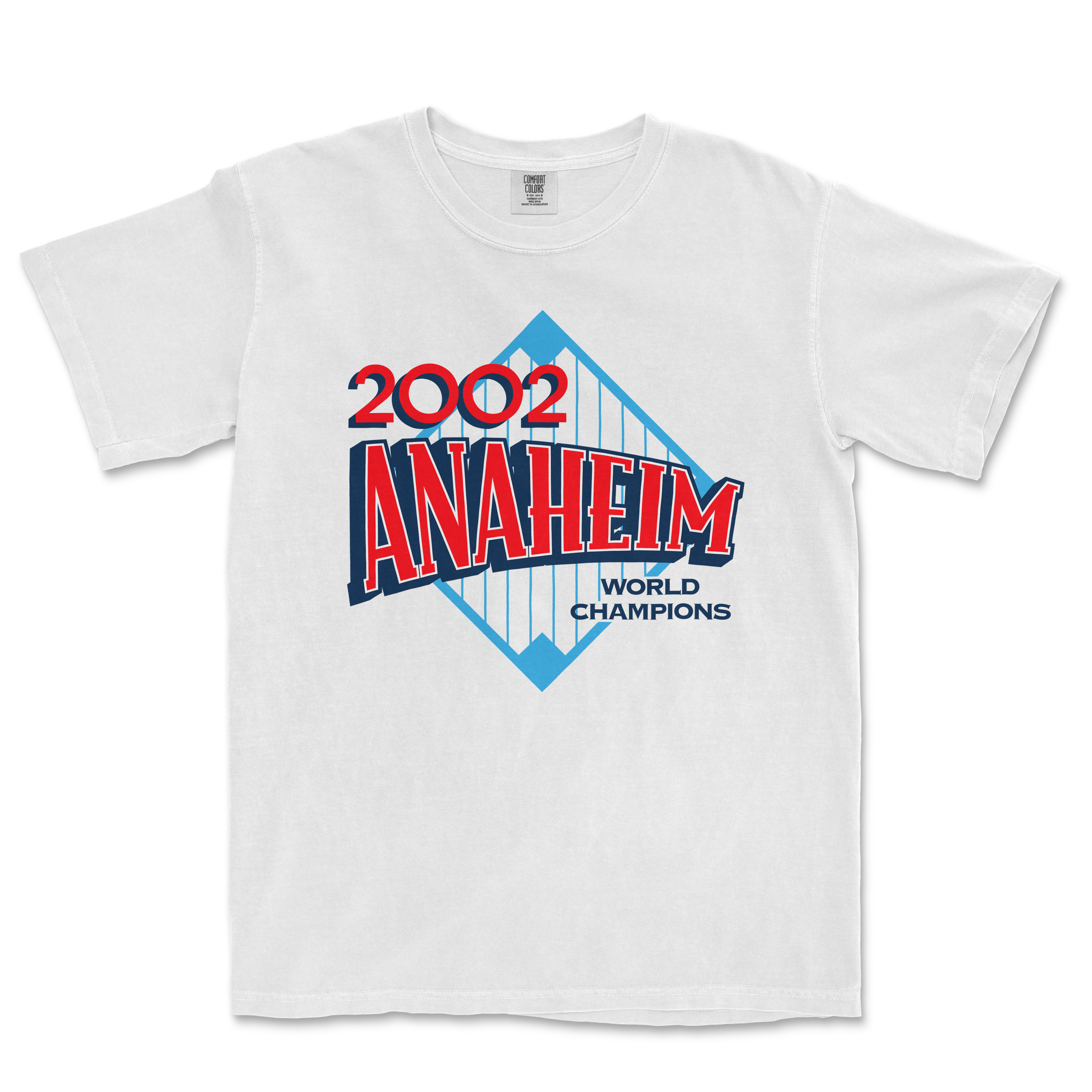 White Comfort Colors tee featuring a 2022 Anaheim World Champions graphic with a blue diamond shape and red, blue, and black text.