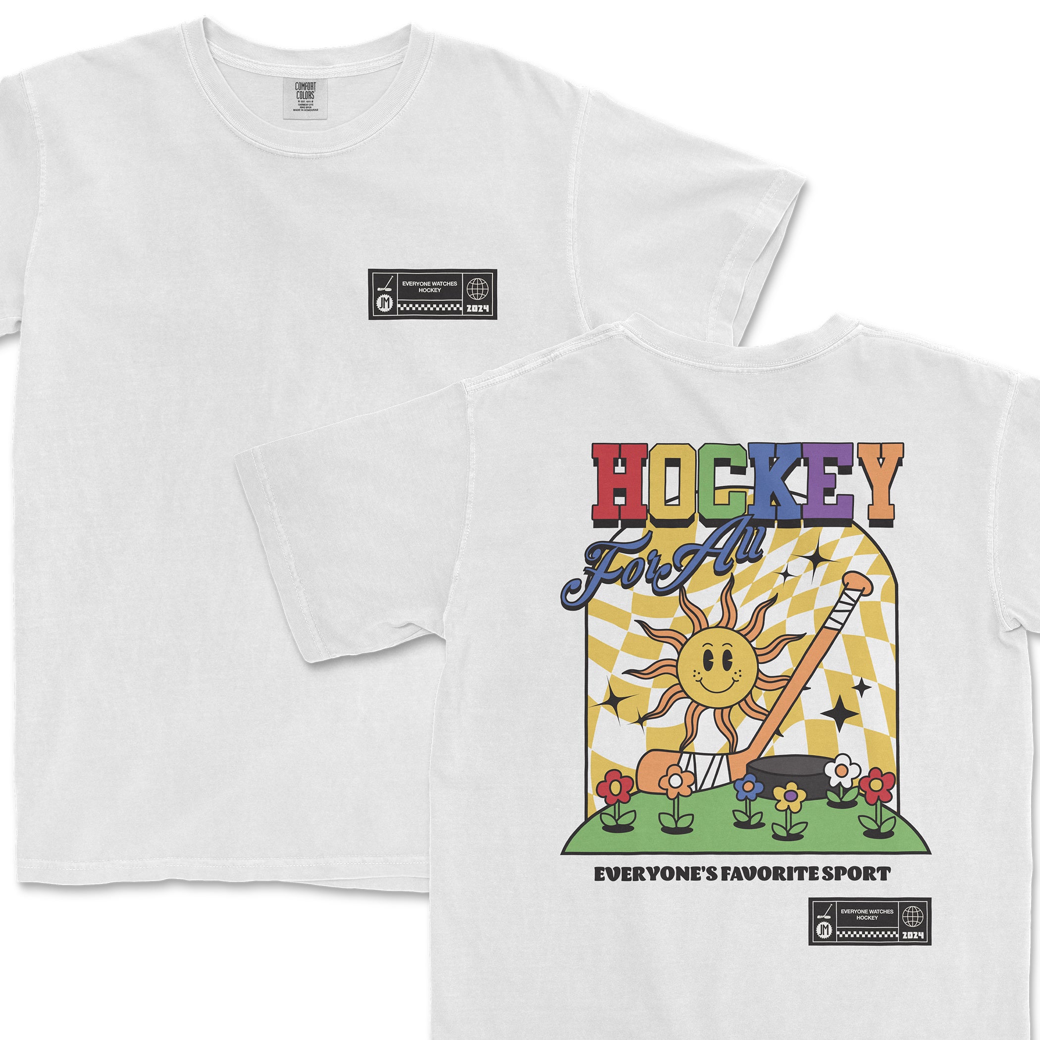 White Comfort Colors T-shirt featuring colorful "Hockey For All" text, a smiling sun, flowers, and hockey-themed graphics on the back.