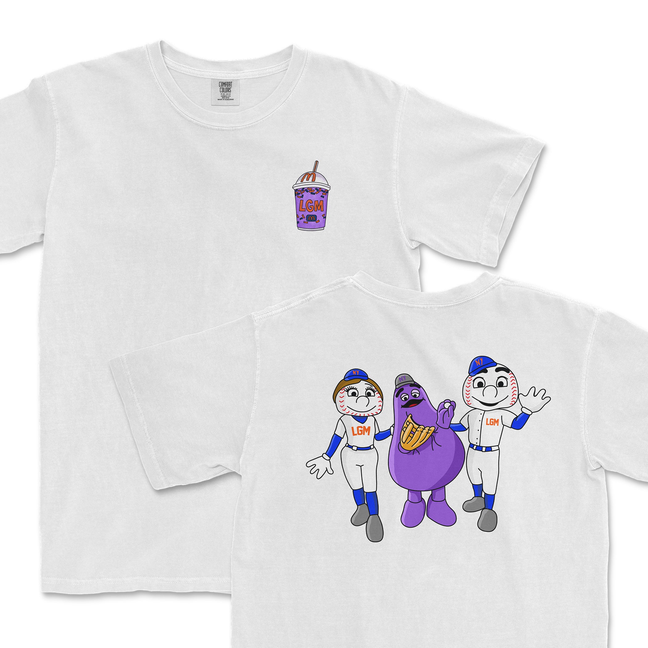 White Comfort Colors T-shirt featuring cartoon characters of baseball players and a purple mascot, with "NYM AND FRIENDS" design.