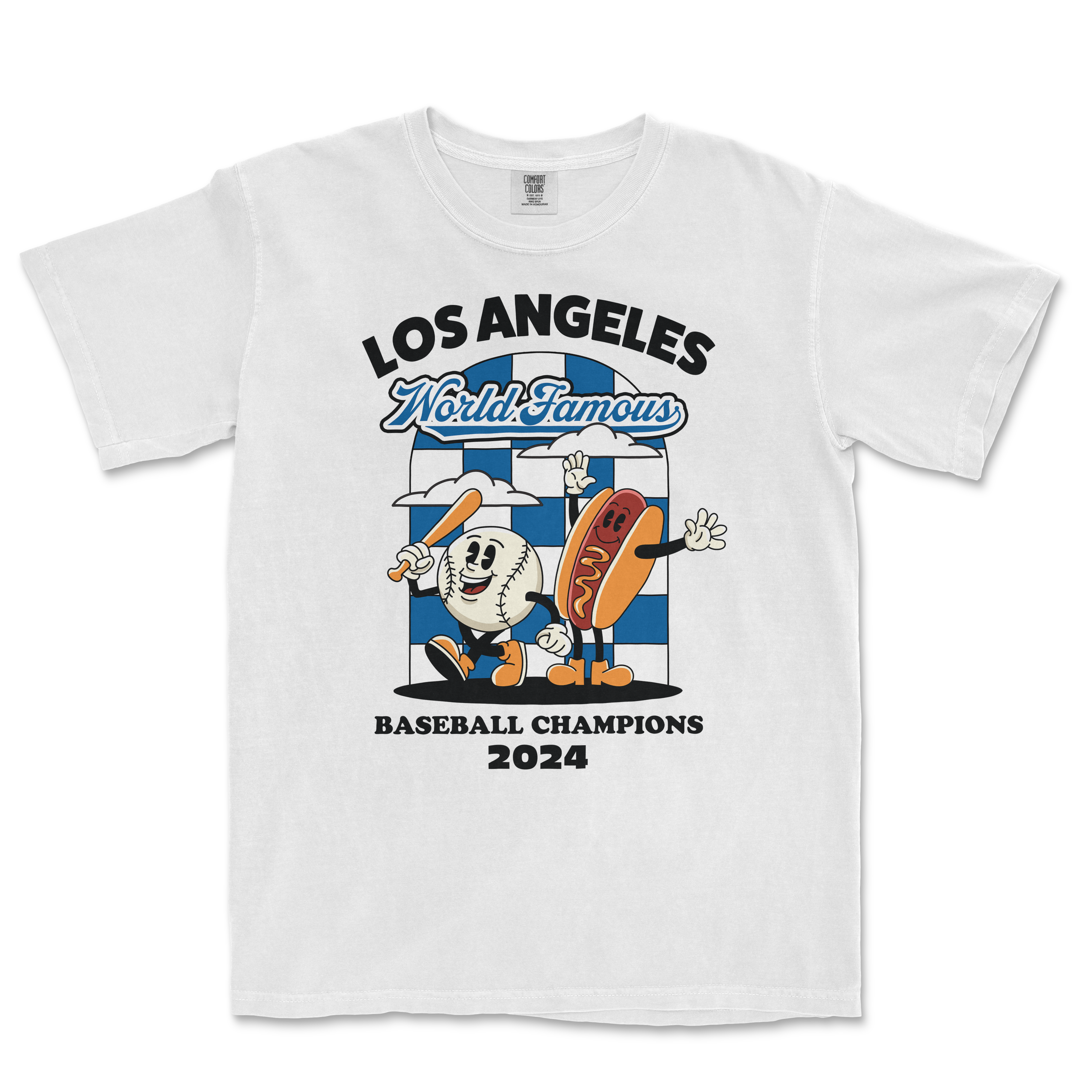 White T-shirt celebrating 2024 World Famous Baseball Champions with cartoon baseball and hot dog characters, "Los Angeles" and festive design.