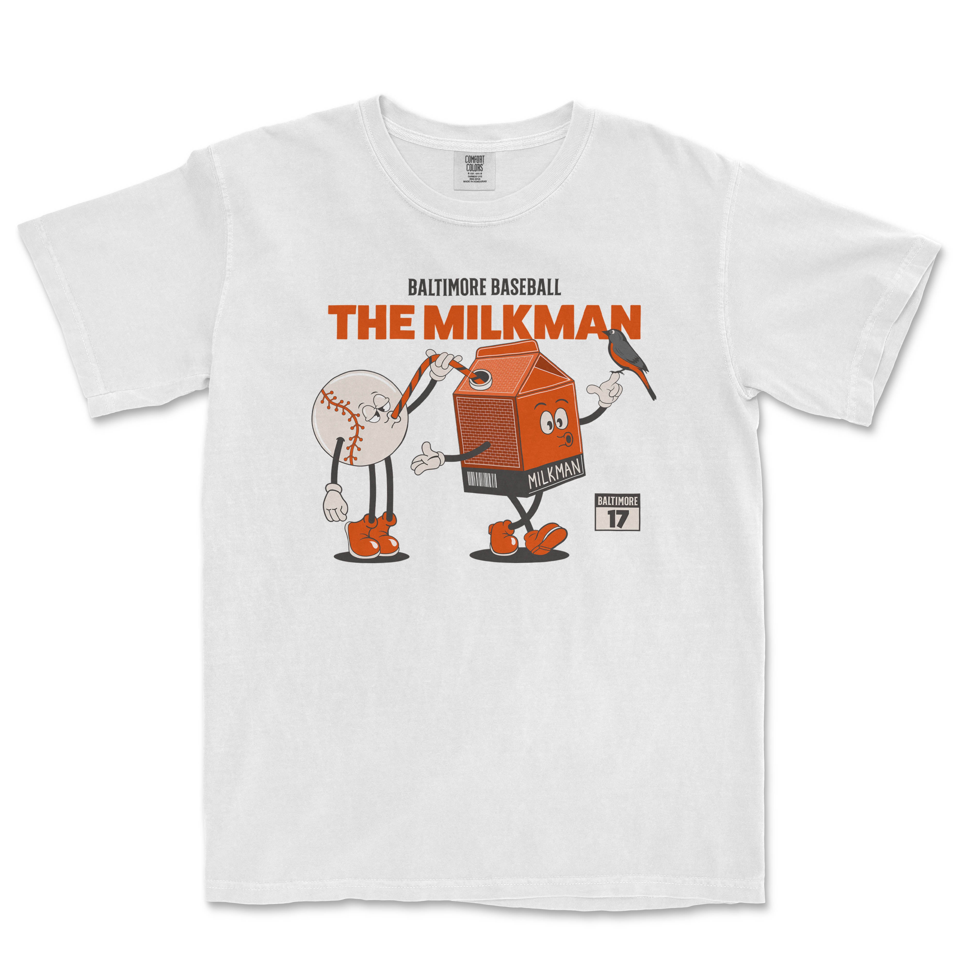 White T-shirt featuring cartoon characters of a baseball and a milk carton, with "The Milkman" text and Baltimore branding.