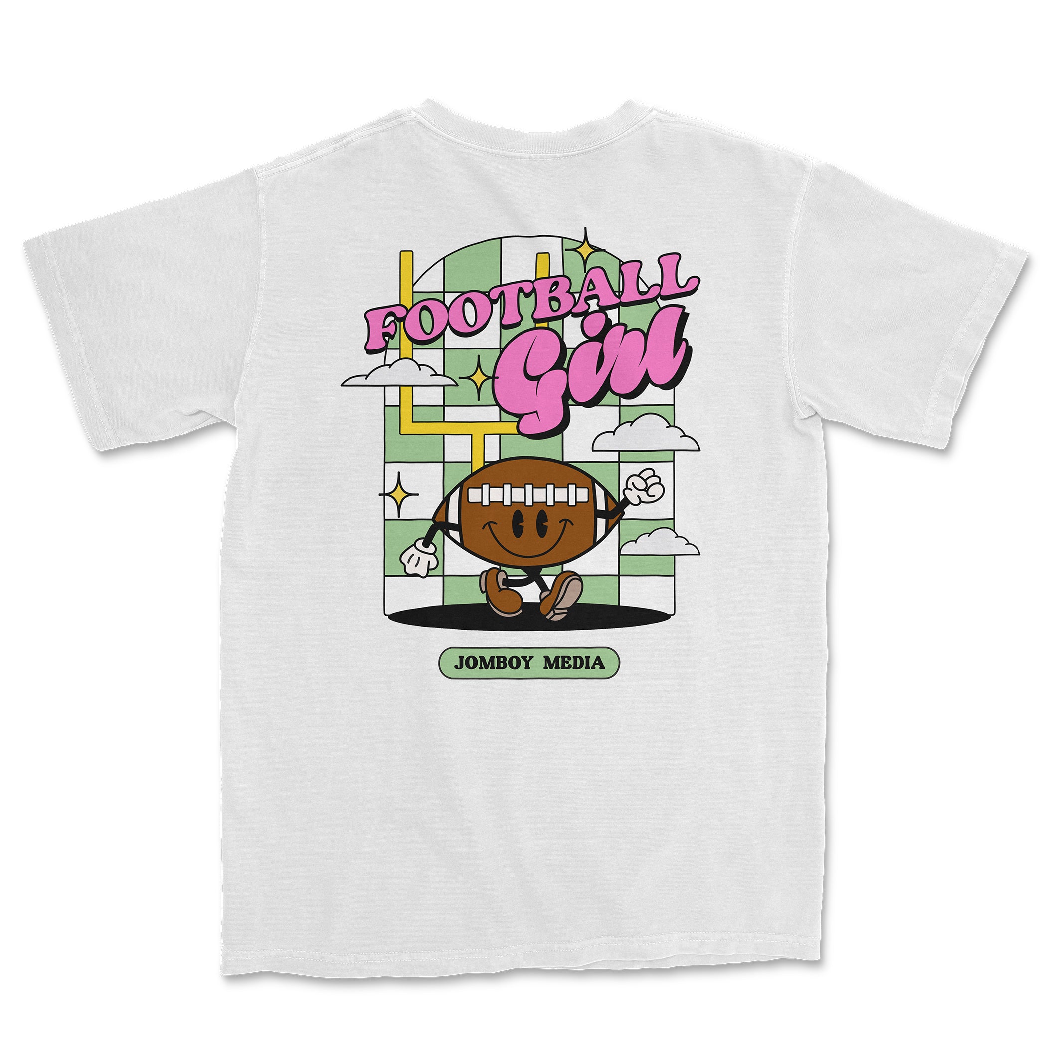 White Comfort Colors tee featuring a colorful cartoon football girl with "Football Girl" text and "JomBoy Media" label.