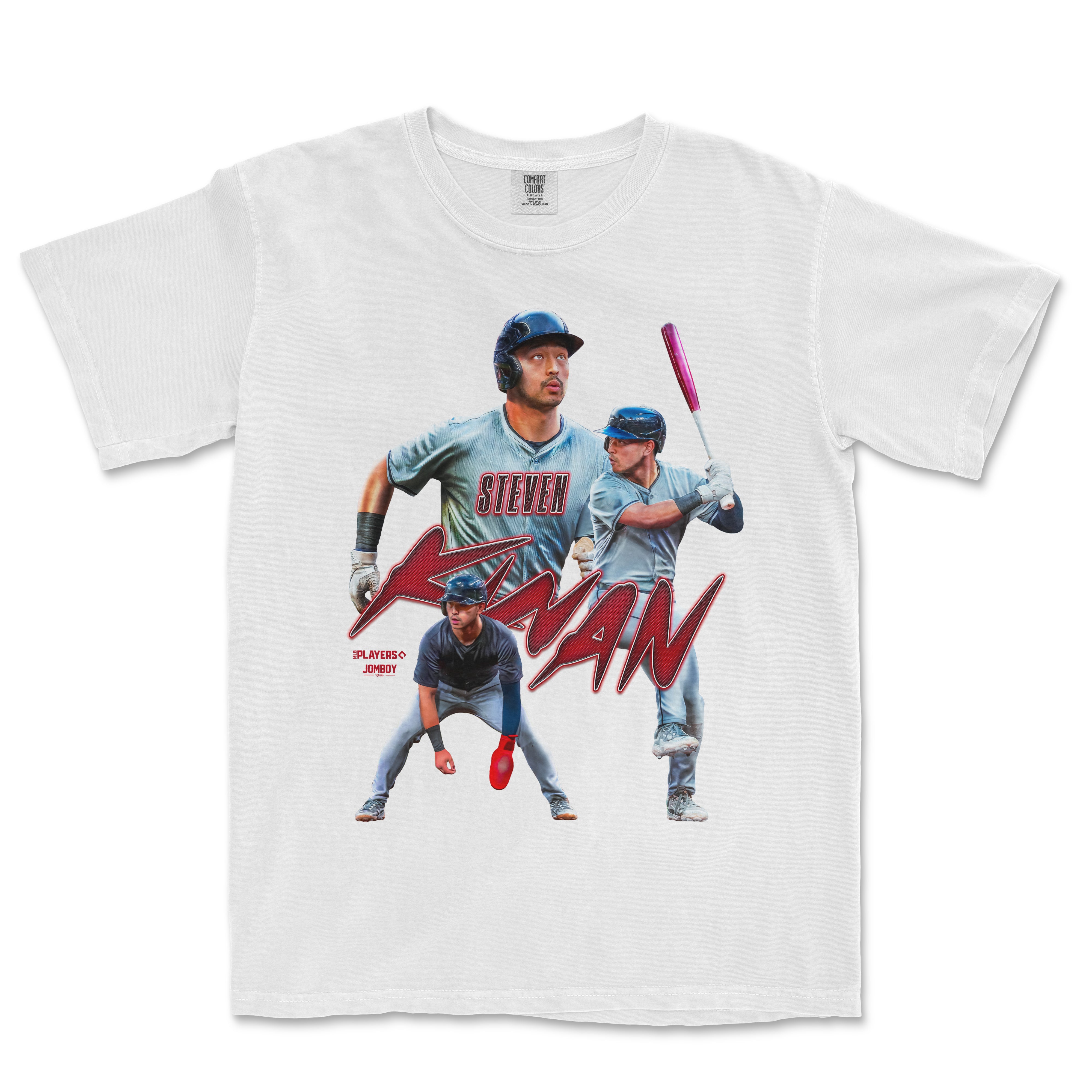 White T-shirt featuring a graphic design of a baseball player in various action poses, with "Steven Kwan" and "Players of Jomboy" text.