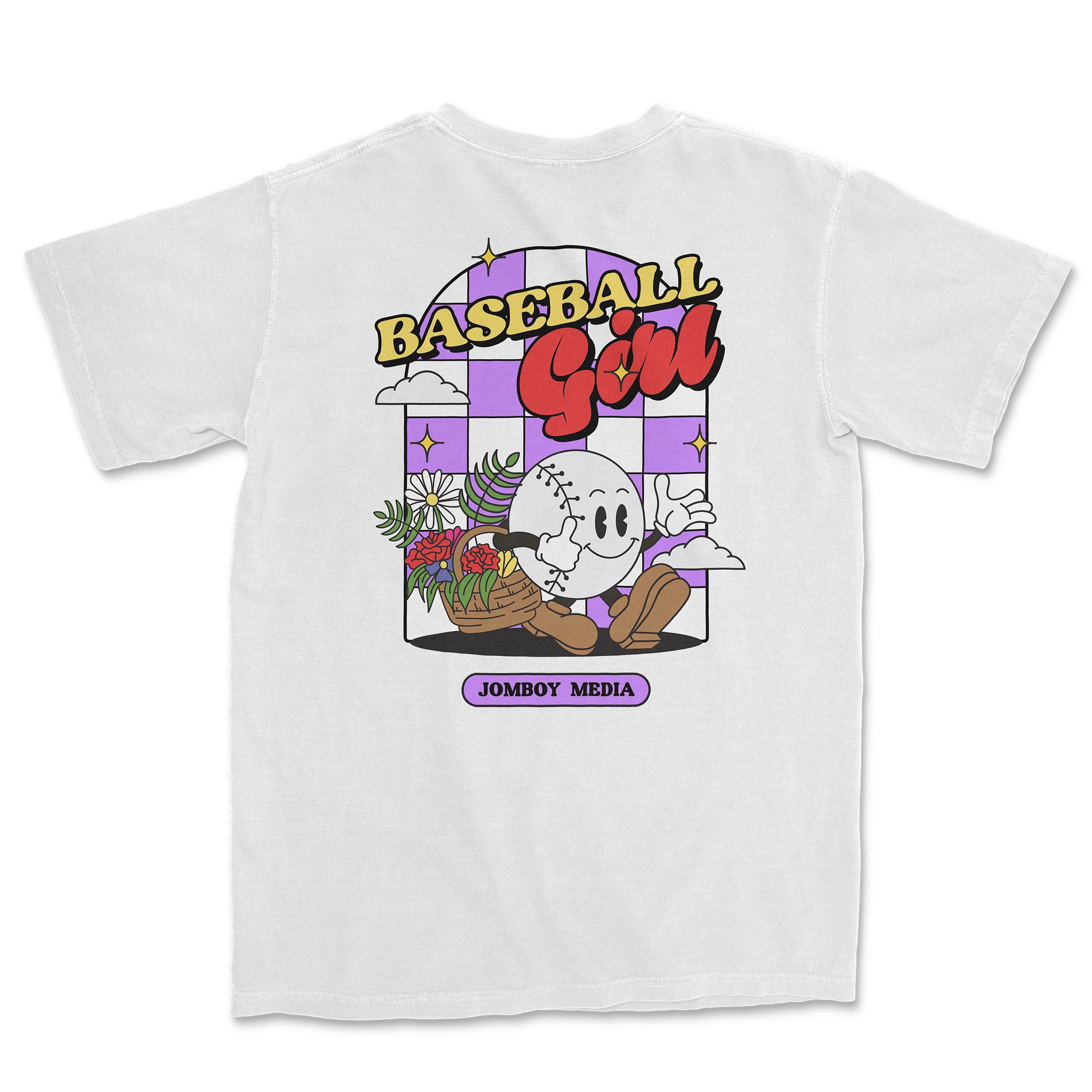 White Comfort Colors tee featuring a colorful cartoon baseball girl with flowers, clouds, and "Baseball Girl" text.