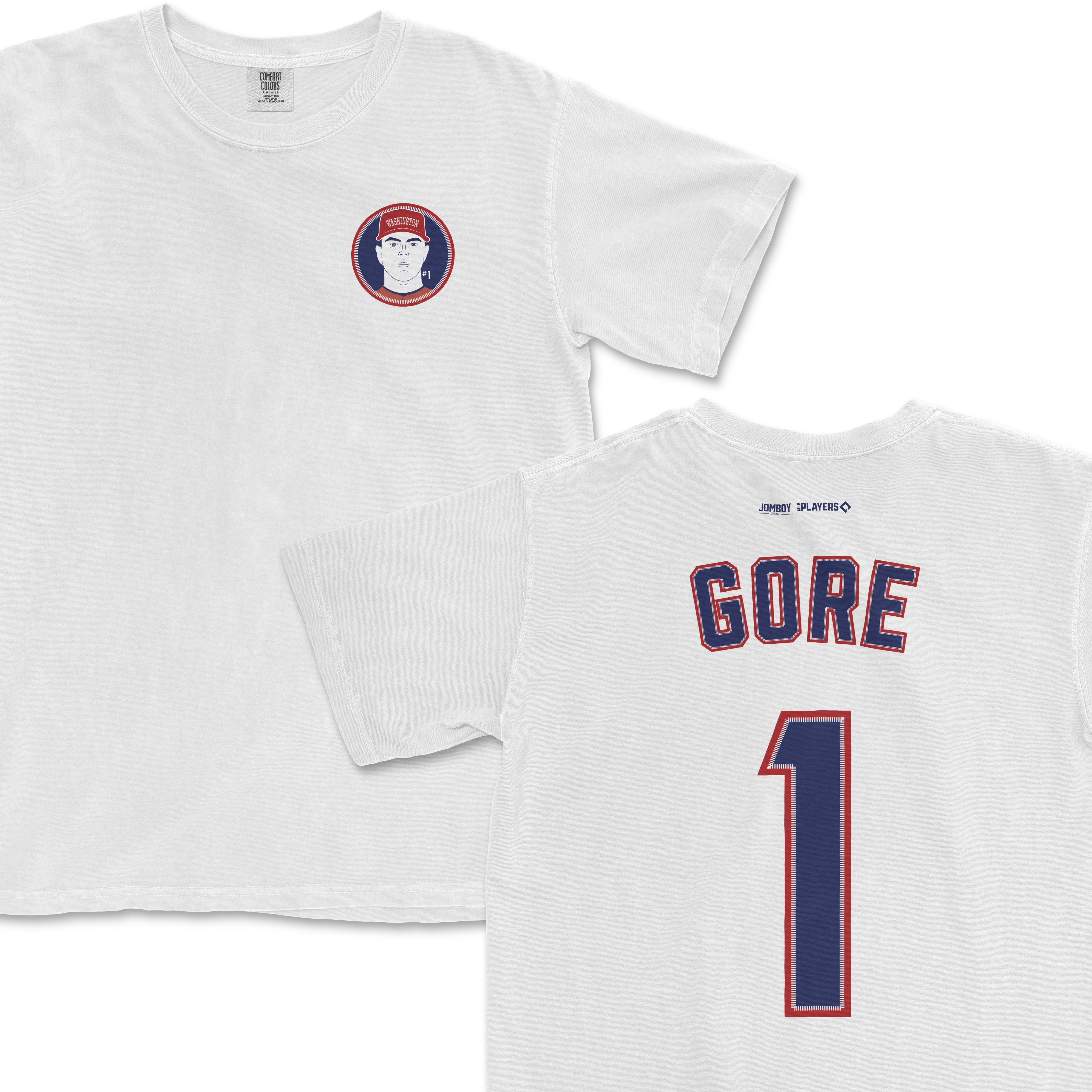 White Comfort Colors tee featuring a MacKenzie Gore shirsey design with Gore's name and number on the back.