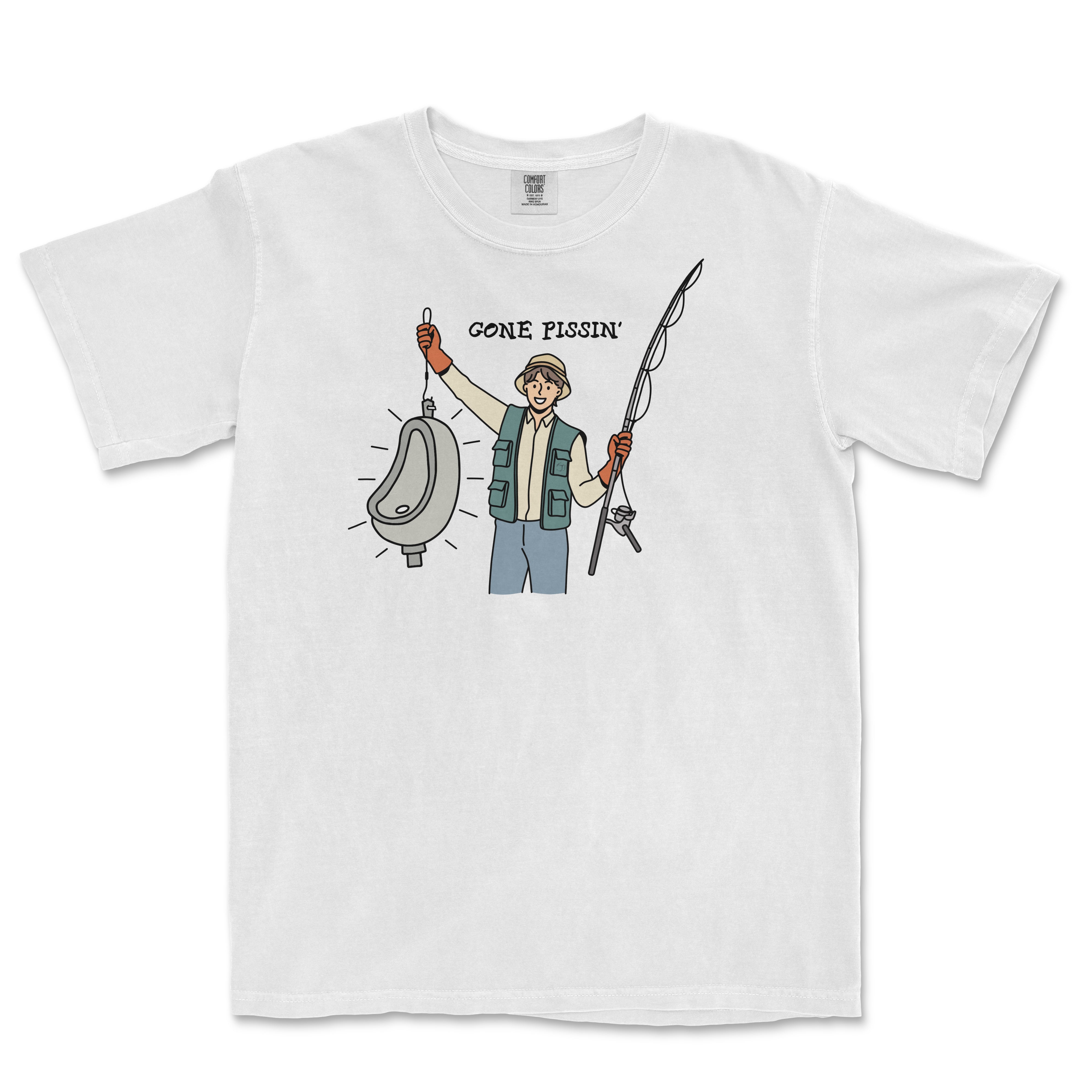 Illustration of a person holding a fishing rod and a urinal, with the text "GONE PISSIN'" above, on a white T-shirt.